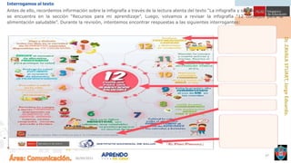06/09/2021
37
Interrogamos al texto
Antes de ello, recordemos información sobre la infografía a través de la lectura atenta del texto “La infografía y sus elementos”, que
se encuentra en la sección “Recursos para mi aprendizaje”. Luego, volvamos a revisar la infografía “12 consejos para la
alimentación saludable”. Durante la revisión, intentemos encontrar respuestas a las siguientes interrogantes:
 