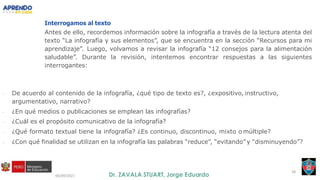 06/09/2021
38
Interrogamos al texto
Antes de ello, recordemos información sobre la infografía a través de la lectura atenta del
texto “La infografía y sus elementos”, que se encuentra en la sección “Recursos para mi
aprendizaje”. Luego, volvamos a revisar la infografía “12 consejos para la alimentación
saludable”. Durante la revisión, intentemos encontrar respuestas a las siguientes
interrogantes:
- De acuerdo al contenido de la infografía, ¿qué tipo de texto es?, ¿expositivo, instructivo,
argumentativo, narrativo?
- ¿En qué medios o publicaciones se emplean las infografías?
- ¿Cuál es el propósito comunicativo de la infografía?
- ¿Qué formato textual tiene la infografía? ¿Es continuo, discontinuo, mixto o múltiple?
- ¿Con qué finalidad se utilizan en la infografía las palabras “reduce”, “evitando” y “disminuyendo”?
 