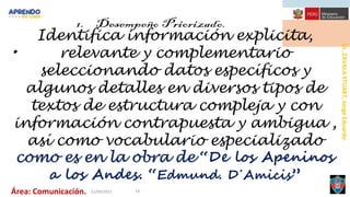 Dr.
ZAVALA
STUART,
Jorge
Eduardo.
Área: Comunicación. 21/09/2021 19
.
Identifica información explicita,
relevante y complementario
seleccionando datos específicos y
algunos detalles en diversos tipos de
textos de estructura compleja y con
información contrapuesta y ambigua ,
así como vocabulario especializado
como es en la obra de “De los Apeninos
a los Andes. “Edmund. D´Amicis”
 