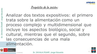 21/09/2021
21
Propósito de la sesión:
Analizar dos textos expositivos: el primero
trata sobre la alimentación como un
proceso complejo y multidimensional que
incluye los aspectos biológico, social y
cultural, mientras que el segundo, sobre
las consecuencias de una mala
alimentación.
 