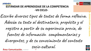 Dr.
ZAVALA
STUART,
Jorge
Eduardo.
Área: Comunicación. 21/09/2021 20
ESTÁNDAR DE APRENDIZAJE DE LA COMPETENCIA
-VII CICLO-
Escribe diversos tipos de textos de forma reflexiva.
Adecúa su texto al destinatario, propósito y el
registro a partir de su experiencia previa, de
fuentes de información complementarias y
divergentes, y de su conocimiento del contexto
socio-cultural.
 