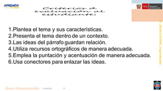 Dr.
ZAVALA
STUART,
Jorge
Eduardo.
Área: Comunicación. 21/09/2021 33
1.Plantea el tema y sus características.
2.Presenta el tema dentro de un contexto.
3.Las ideas del párrafo guardan relación.
4.Utiliza recursos ortográficos de manera adecuada.
5.Emplea la puntación y acentuación de manera adecuada.
6.Usa conectores para enlazar las ideas.
 