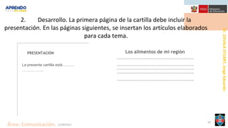 Dr.
ZAVALA
STUART,
Jorge
Eduardo.
Área: Comunicación.
2. Desarrollo. La primera página de la cartilla debe incluir la
presentación. En las páginas siguientes, se insertan los artículos elaborados
para cada tema.
21/09/2021
50
PRESENTACIÓN
La presente cartilla está ..........
……………..
Los alimentos de mi región
...........................................................
...........................................................
...........................................................
...........................................................
...........................................................
 