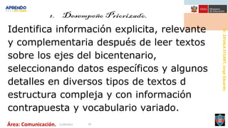 Dr.
ZAVALA
STUART,
Jorge
Eduardo.
Área: Comunicación. 21/09/2021 19
Identifica información explicita, relevante
y complementaria después de leer textos
sobre los ejes del bicentenario,
seleccionando datos específicos y algunos
detalles en diversos tipos de textos d
estructura compleja y con información
contrapuesta y vocabulario variado.
 