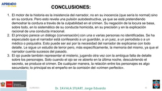 21/09/2021 55
CONCLUSIONES:
1. El motor de la historia es la insistencia del narrador, no en su inocencia (que sería lo normal) sino
en su cordura. Pero esto revela una pulsión autodestructiva, ya que se está pretendiendo
demostrar la cordura a través de la culpabilidad en el crimen.​ Su negación de la locura se basa,
sobre todo, en lo sistemático de su conducta homicida, en su precisión y en la explicación
racional de una conducta irracional.
2. El principio parece un diálogo (conversación) con una o varias personas no identificadas. Se ha
especulado que el narrador está confesando a un guardián, a un juez, a un periodista o a un
médico o psiquiatra. Esto puede ser así por la necesidad del narrador de explicarse con todo
detalle.​ Le sigue un estudio de terror pero, más específicamente, la memoria del mismo, ya que el
narrador cuenta sucesos del pasado.
3. El ojo puede también representar el misterio, jugando otra vez con la ambigua falta de detalle
sobre los personajes. Solo cuando el ojo se ve abierto en la última noche, descubriendo el
secreto, se produce el crimen. De cualquier manera, la relación entre los personajes es algo
secundario; lo principal es el empeño en la comisión del «crimen perfecto».
 