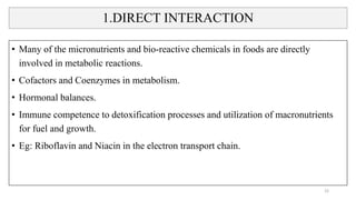 1.DIRECT INTERACTION
• Many of the micronutrients and bio-reactive chemicals in foods are directly
involved in metabolic reactions.
• Cofactors and Coenzymes in metabolism.
• Hormonal balances.
• Immune competence to detoxification processes and utilization of macronutrients
for fuel and growth.
• Eg: Riboflavin and Niacin in the electron transport chain.
22
 
