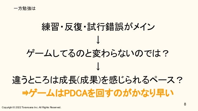 Copyright © 2022 Toranoana Inc. All Rights Reserved.
一方勉強は
練習・反復・試行錯誤がメイン 
↓ 
ゲームしてるのと変わらないのでは？ 
↓ 
違うところは成長(成果)を感じられるペース？ 
⇛ゲームはPDCAを回すのがかなり早い 
8
 