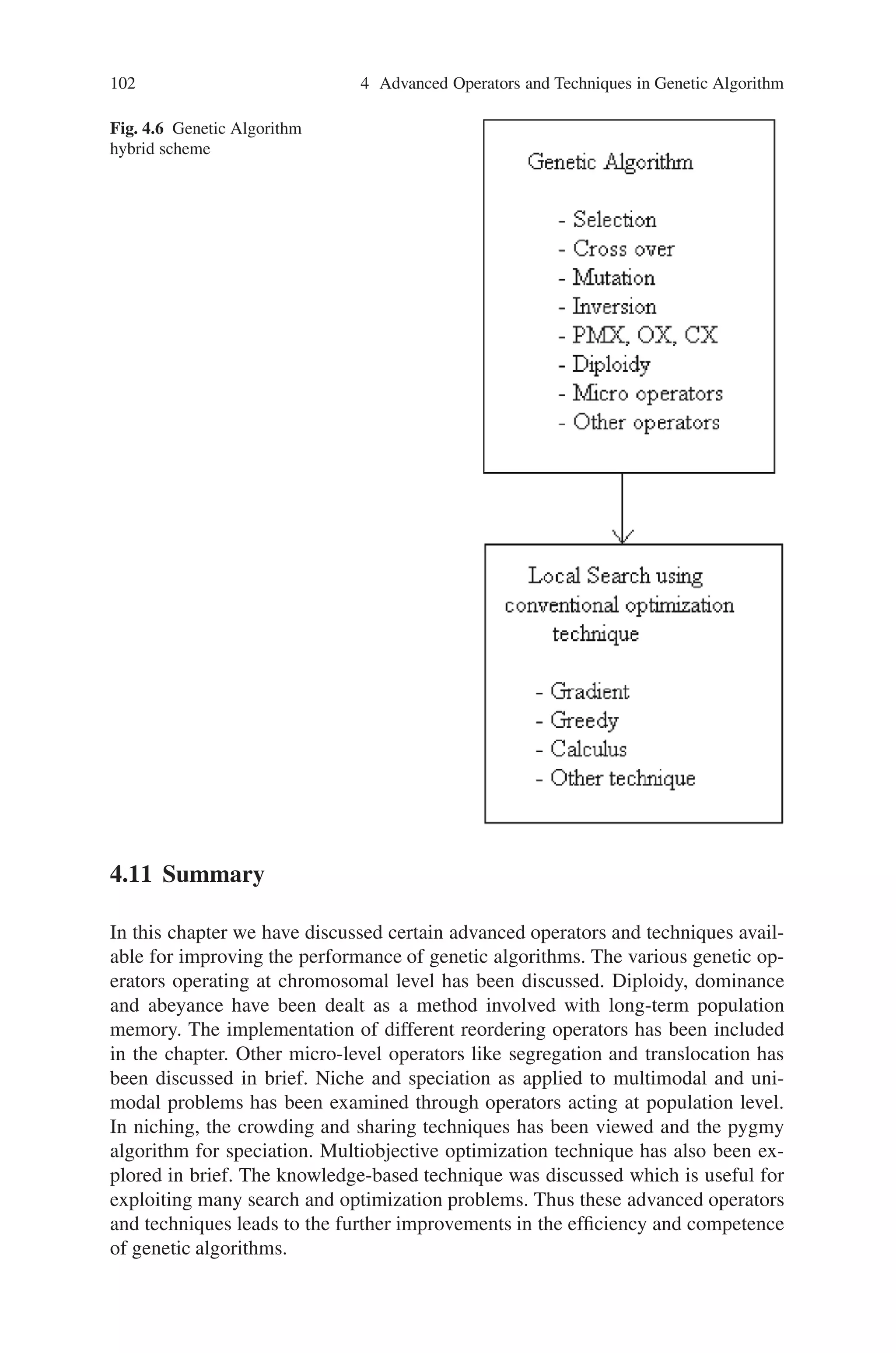 4.10 Knowledge Based Techniques 101
points. It can also be used to perform heuristic initialization of the population, so that
search begins with some reasonably good points, rather than a random set. Goldberg
describes techniques for adding knowledge-directed crossover and mutation. He
also discusses the hybridization of GAs with other search techniques. Pure genetic
algorithms use only the encoding and objective function. This may help to use in
problem specific information. The various methods for combining problem specific
information with genetic algorithm are as follows:
- Hybrid schemes
- Knowledge directed operators
- Parallel computers.
In hybrid schemes GAs are used to get close to optimum value, then conventional
optimization schemes like greedy search, gradient search or stochastic hill climb-
ing may be used to become closer to optimum value. The genetic algorithm may
also develop species to each of which conventional optimization can be applied. In
gradient like bitwise (G-bit) improvement for one or more highly fit chromosomes,
change each bit one at a time to see if the fitness improves, if so, replace the original
with the altered chromosome. Also changing pairs or triplets of bits can be tried but
in combinatorial explosion. The hybrid scheme can be represented using scheme as
shown in Fig. 4.6.
Thus from Fig. 4.6, it can be noted that the genetic algorithm sorts out peak and
the local search techniques are used for hill climbing. Considering greedy heuristic
crossover for Traveling salesman problem, if chromosomes are permutations of city
numbers, then normal crossover may produce infeasible chromosomes. This is done
by,
Start at a random city X and go to the closest city to X using the parent’s tours;
repeat.
Thus the genetic algorithm is now definitely not blind as it was using PMX de-
scribed easier. The knowledge directed operations were found to use,
- generating Steiner systems
- count preserving mutation and crossover
- goal directed mutation
Using parallel computers in Genetic Algorithms, master/slave operation is per-
formed. Master does selection and mating and slaves evaluated fitness of new chro-
mosomes. Master waits for all the slaves to finish or master can hand out new work
as each slave finishes. Thus on a parallel machine the conventional optimization can
be done on each species on its own CPU. This is shown in Fig. 4.7.
These knowledge based techniques flourishes with the development of hardware
and software.
 