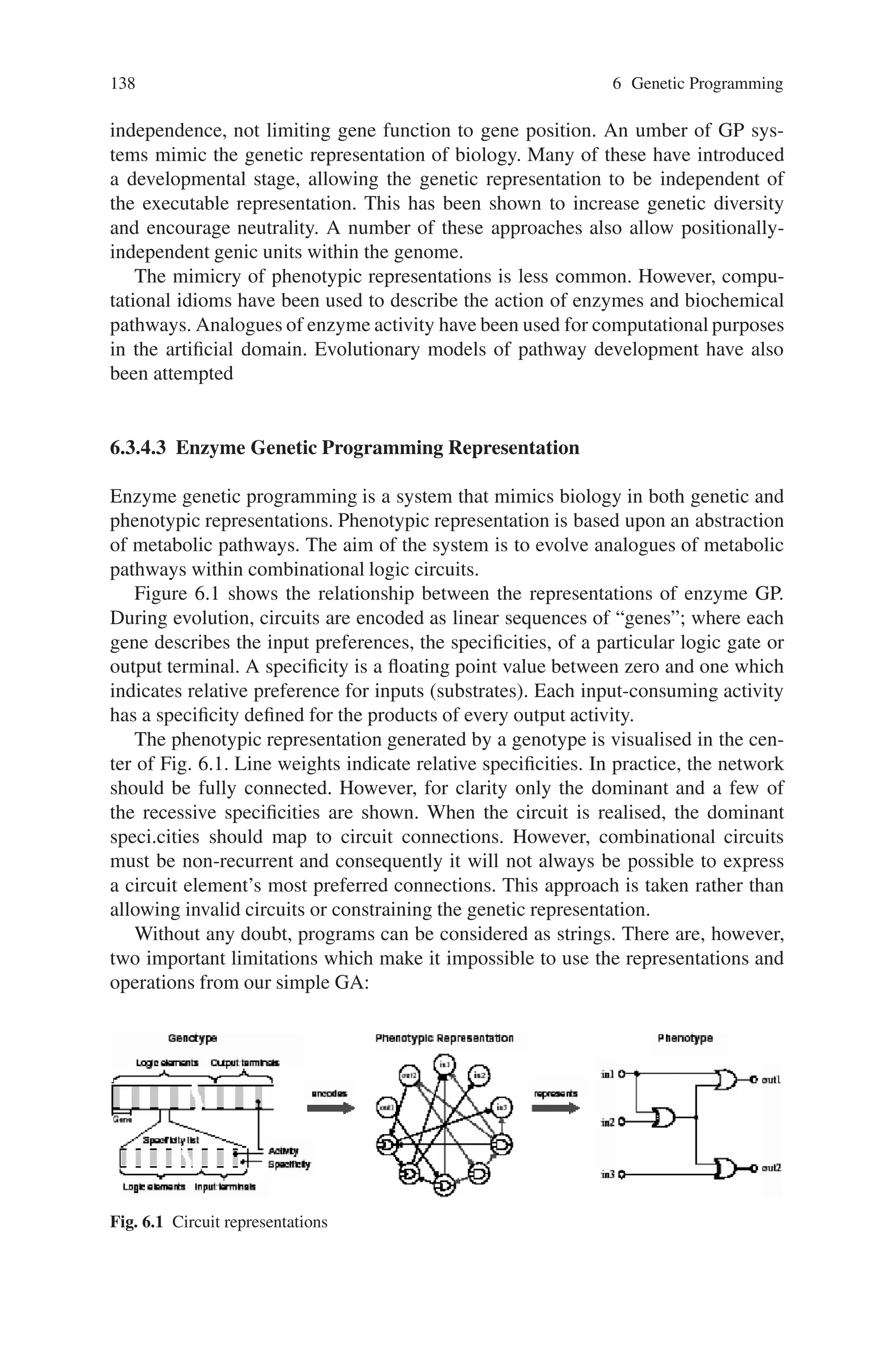 6.3 Primitives of Genetic Programming 137
6.3.4 Representation of Genetic Programming
The need for a good representation in evolutionary computation, and in artificial
intelligence more generally, is called the representation problem. Genetic program-
ming has two forms of representation; the variational and the generative. The
variational representation is a static description of a program and is subject to
evolutionary variation. The main requirement for a variational representation is
evolvability: the evolution of programs of increasing fitness on a generational basis
when subjected to genetic variation. The generative representation is a product of
the variational representation, and describes the dynamic form of a program. Its
main requirement is that it can be executed. Yet, despite the different requirements
of variational and generative representations, most GP systems do not distinguish
between the two.
6.3.4.1 Biological Representations
Biology does distinguish between variational and generative representations. They
are called, respectively, the genetic and the phenotypic. The genetic representation,
from a reductionist viewpoint, is a linear, spatially distributed, sequence of heritable
attributes. Each heritable attribute describes the amino acid sequence of a protein.
Development interprets these descriptions and generates proteins; the fundamental
components of the phenotypic representation.
A group of proteins working upon a common task is called a biochemical path-
way. The tasks carried out by biochemical pathways fall into three broad classes:
metabolic, signaling and gene expression. Of these, metabolic pathways are con-
sidered the most fundamental for they implement the processing behaviors of the
cell, whilst signaling and gene expression pathways take on a configurational role.
Biochemical processing amounts to the manipulation of a cell’s chemical state
through systems of chemical reactions. Metabolic pathways are composed of en-
zymes, a group of proteins that carry out catalytic behaviors; enabling reactions that
would otherwise not be possible in the relatively low cellular temperatures. Enzymes
achieve their catalytic behavior by binding to specific chemicals, the enzyme’s sub-
strates, and guiding their reaction. Cooperation within metabolic pathways emerges
from product-substrate sharing between enzymes, where the product of one enzyme
becomes the substrate of another.
6.3.4.2 Biomimetic Representations
Biological representations possess a number of qualities conceivably useful to,
but not usually found, in genetic programming representations. These, include:
the specialisation of evolutionary and executable forms; evolvable representations,
“designed” for evolution; neutrality, increasing genetic diversity and adaptabil-
ity; less constrained behaviour, giving more freedom to evolution; and positional
 