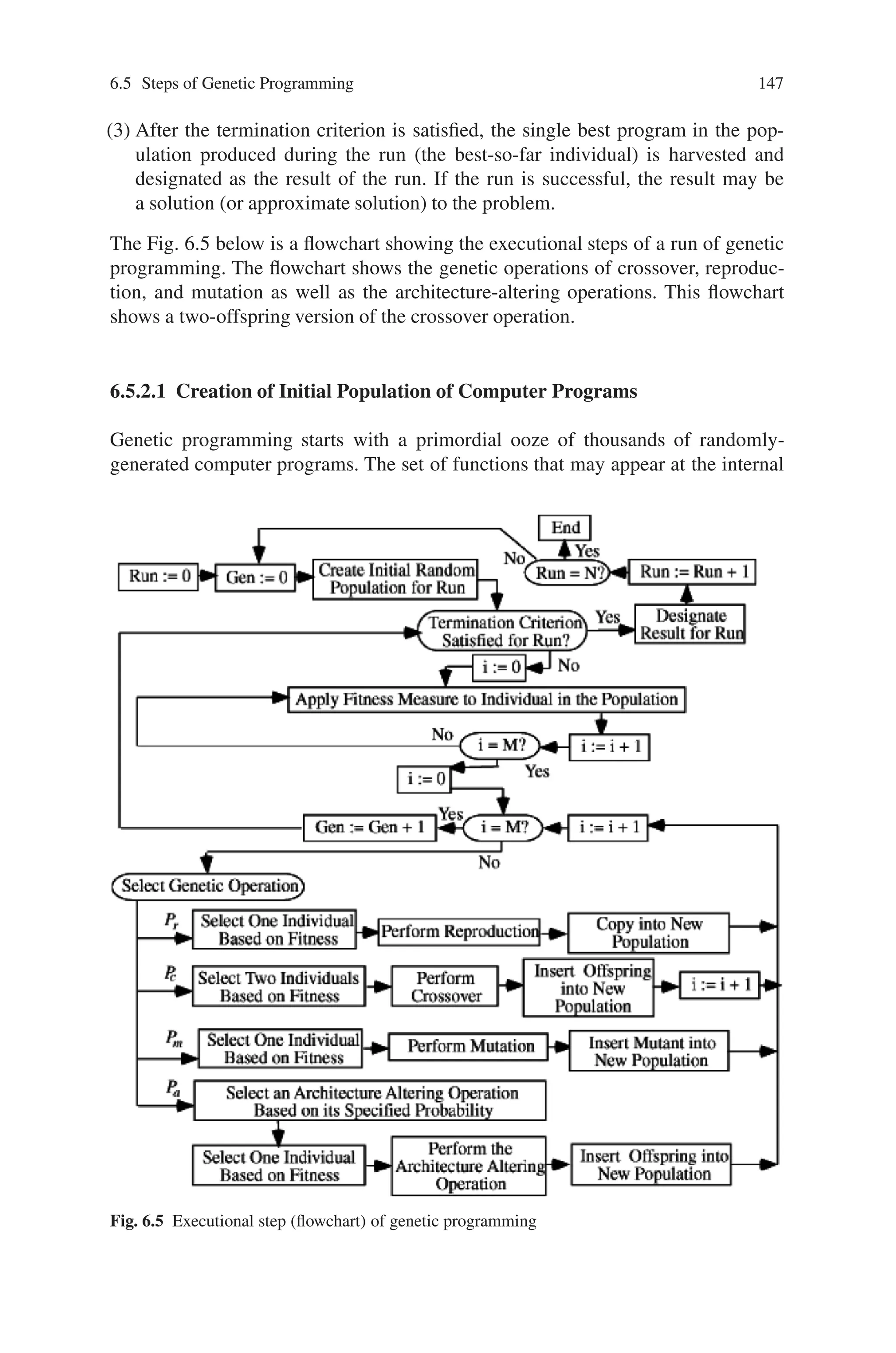 146 6 Genetic Programming
other control parameters, we have, broadly speaking, used the same (undoubtedly
non-optimal) set of minor control parameters from problem to problem over a period
of years.
The fifth preparatory step consists of specifying the termination criterion and the
method of designating the result of the run.
6.5.2 Executional Steps of Genetic Programming
Genetic programming typically starts with a population of randomly generated
computer programs composed of the available programmatic ingredients. Genetic
programming iteratively transforms a population of computer programs into a new
generation of the population by applying analogs of naturally occurring genetic
operations. These operations are applied to individual(s) selected from the popu-
lation. The individuals are probabilistically selected to participate in the genetic
operations based on their fitness (as measured by the fitness measure provided
by the human user in the third preparatory step). The iterative transformation of
the population is executed inside the main generational loop of the run of genetic
programming.
The executional steps of genetic programming (that is, the flowchart of genetic
programming) are as follows:
(1) Randomly create an initial population (generation 0) of individual computer pro-
grams composed of the available functions and terminals.
(2) Iteratively perform the following sub-steps (called a generation) on the popula-
tion until the termination criterion is satisfied:
(a) Execute each program in the population and ascertain its fitness (explicitly or
implicitly) using the problem’s fitness measure.
(b) Select one or two individual program(s) from the population with a proba-
bility based on fitness (with reselection allowed) to participate in the genetic
operations in (c).
(c) Create new individual program(s) for the population by applying the follow-
ing genetic operations with specified probabilities:
(i) Reproduction: Copy the selected individual program to the new popula-
tion.
(ii) Crossover: Create new offspring program(s) for the new population by
recombining randomly chosen parts from two selected programs.
(iii) Mutation: Create one new offspring program for the new population by
randomly mutating a randomly chosen part of one selected program.
(iv) Architecture-altering operations: Choose an architecture-altering oper-
ation from the available repertoire of such operations and create one
new offspring program for the new population by applying the chosen
architecture-altering operation to one selected program.
 