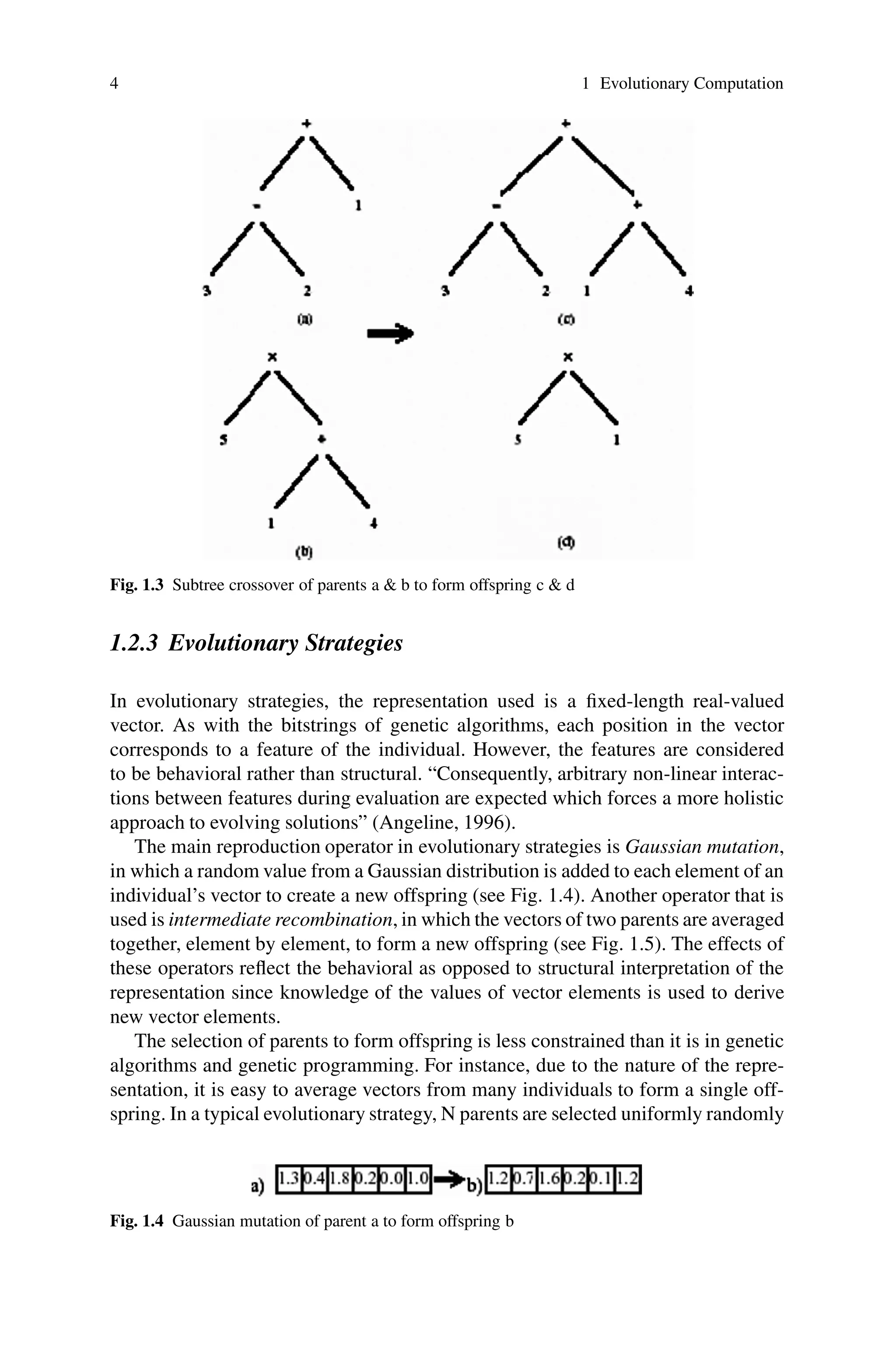 4 1 Evolutionary Computation
Fig. 1.3 Subtree crossover of parents a  b to form offspring c  d
1.2.3 Evolutionary Strategies
In evolutionary strategies, the representation used is a fixed-length real-valued
vector. As with the bitstrings of genetic algorithms, each position in the vector
corresponds to a feature of the individual. However, the features are considered
to be behavioral rather than structural. “Consequently, arbitrary non-linear interac-
tions between features during evaluation are expected which forces a more holistic
approach to evolving solutions” (Angeline, 1996).
The main reproduction operator in evolutionary strategies is Gaussian mutation,
in which a random value from a Gaussian distribution is added to each element of an
individual’s vector to create a new offspring (see Fig. 1.4). Another operator that is
used is intermediate recombination, in which the vectors of two parents are averaged
together, element by element, to form a new offspring (see Fig. 1.5). The effects of
these operators reflect the behavioral as opposed to structural interpretation of the
representation since knowledge of the values of vector elements is used to derive
new vector elements.
The selection of parents to form offspring is less constrained than it is in genetic
algorithms and genetic programming. For instance, due to the nature of the repre-
sentation, it is easy to average vectors from many individuals to form a single off-
spring. In a typical evolutionary strategy, N parents are selected uniformly randomly
Fig. 1.4 Gaussian mutation of parent a to form offspring b
 
