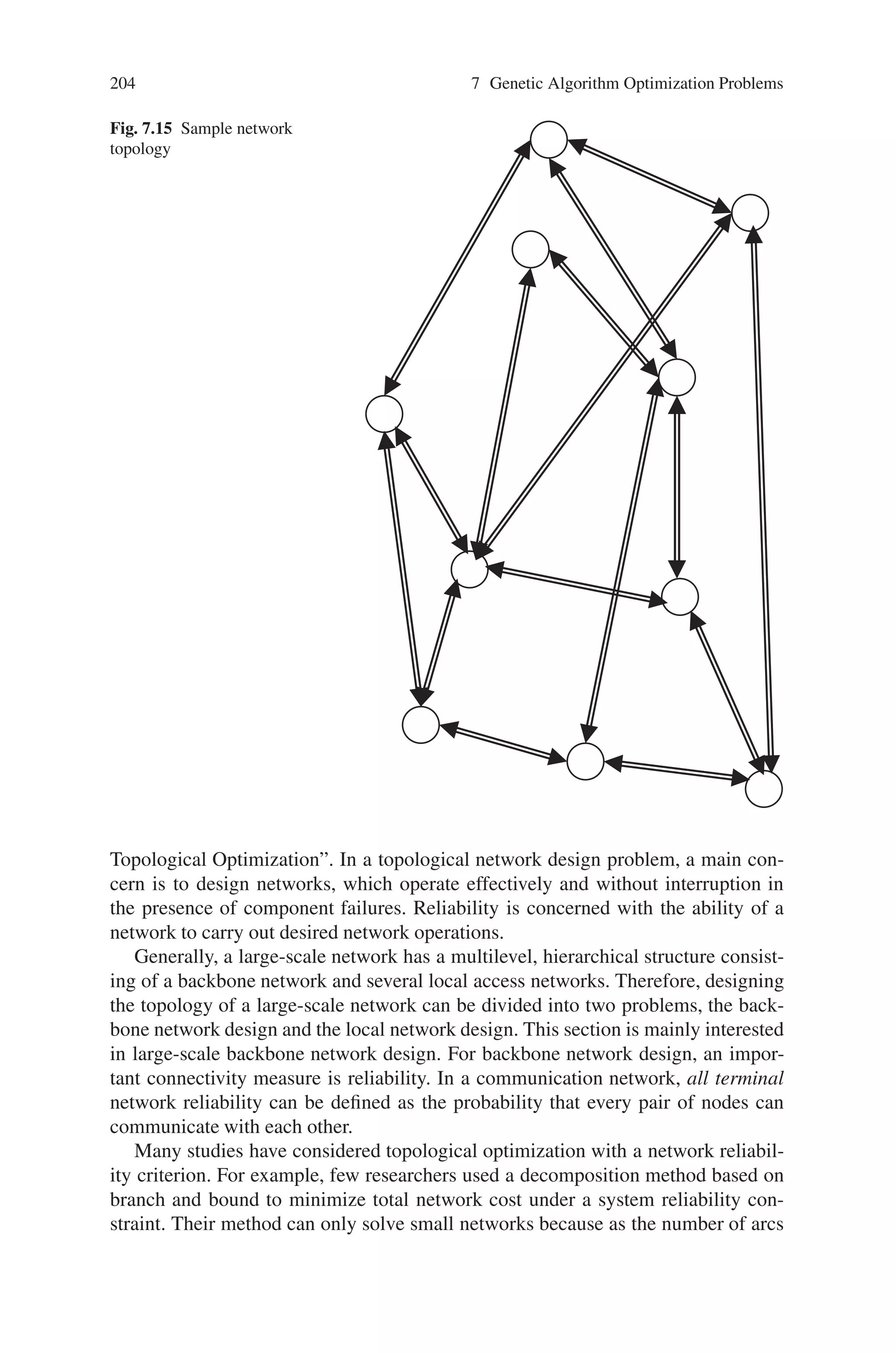7.7 Network Design and Routing Problems 203
Fig. 7.14 Computation of a specific network topology
create a valid network with a certain link topology, capacity assignment, and routing
specification.
Figure 7.14 shows how a genetic string is converted to a specific network solu-
tion. Starting from the fully meshed graph with directed links, the shortest path for
every node-to-node pair is determined according to the pseudo link weights, and
the selected links are marked. Edges, which are not selected at all, are discarded.
The shortest paths correspond to the packet routes between two end systems. Based
on this routing pattern and on the given requirement matrix, it is now possible to
compute the traffic load on every link and, furthermore, calculate the optimal capac-
ities. In the case of discrete capacities, the continuous values are rounded up. Since
current routing protocols like RIP and OSPF require bi-directional connectivity be-
tween neighbor gateways, an opposite edge is inserted for every link in the network
if it does not already exist. The smallest possible capacity is assigned to these new
edges, since only router messages will be transmitted over them. At the end, the
costs for this specific network scenario are calculated and returned to the genetic
framework.
The cost evolution resulting from the genetic algorithm for packet switched net-
work planning looks similar to the one given in Fig. 7.15. Again, the minimum
and maximum values decrease gradually until a convergence point is reached. This
indicates that genetic algorithms can be used in the field of packet network planning.
A sample network topology,which was computed by the genetic algorithm, is shown
in Fig. 7.15. The structure strongly depends on the composition of the capacity costs.
For high basic costs, which are only proportional to the length of a link, the network
mesh degree will be low. For decreasing fixed link capacity costs, the number of
links in the network increases.
Thus, the genetic algorithm is applied to the topology and routing optimization
of packet switched networks.
7.7.3 Optimal Topological Design of All Terminal Networks
An important part of network design is to find the best way to layout the components
(nodes and arcs) to minimize cost while meeting a performance criterion such as
transmission delay, throughput or reliability. This design stage is called “Network
 