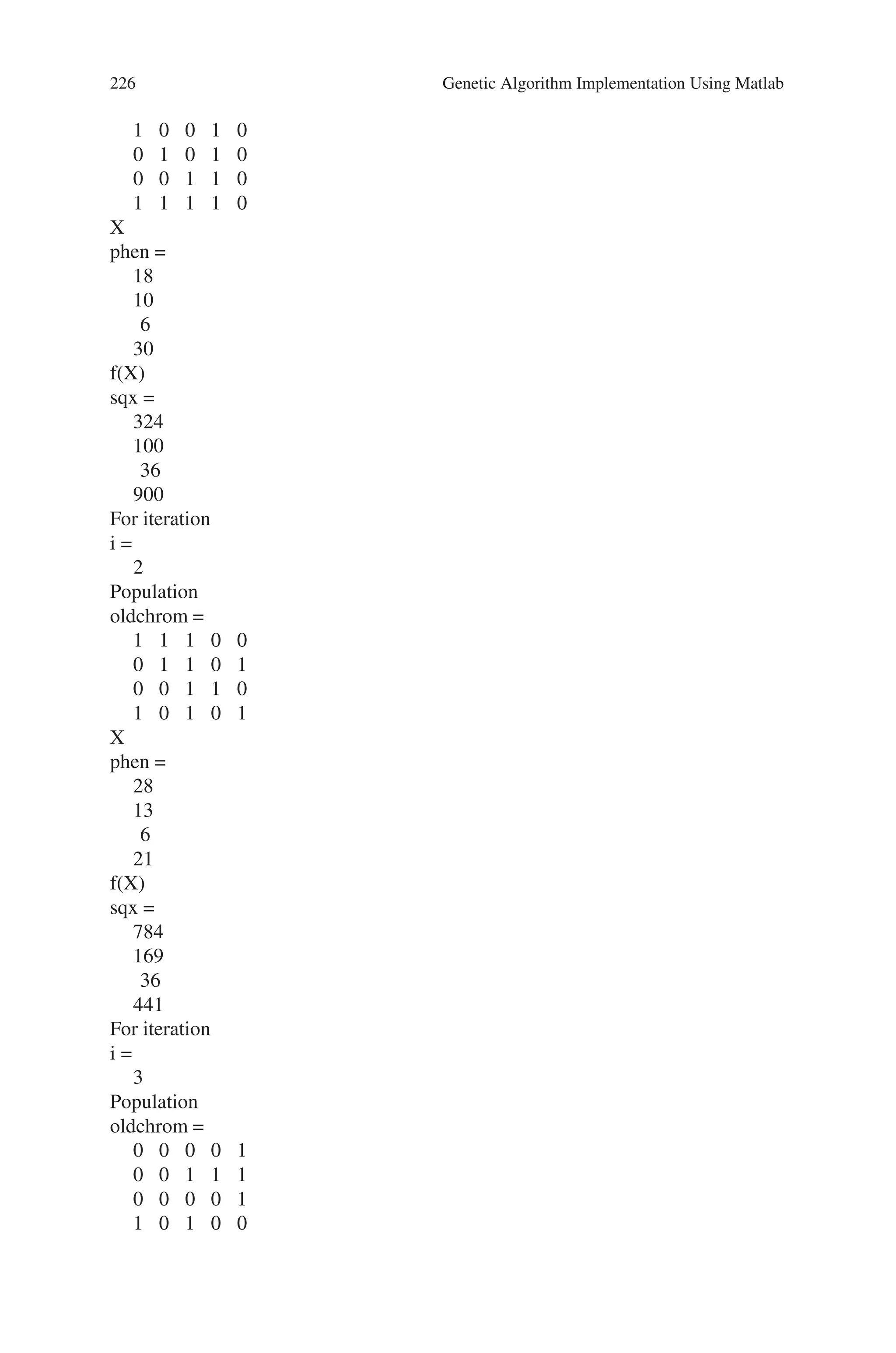 8.5 Solved Problems using MATLAB 225
FitnV=sqx;
Nsel=4;
newchrix=selrws(FitnV, Nsel);
newchrom=oldchrom(newchrix,:);
%Perform Crossover
crossoverrate=1;
newchromc=recsp(newchrom,crossoverrate); %new population after crossover
%Perform mutation
vlub=0:31;
mutationrate=0.001;
newchromm=mutrandbin(newchromc,vlub,mutationrate); %new population after
mutation disp(‘For iteration’);
i
disp(‘Population’);
oldchrom
disp(‘X’);
phen
disp(‘f(X)’);
sqx
oldchrom=newchromm;
end
Output
Enter no. of population in each iteration4
Enter no. of iterations4
oldchrom =
1 0 0 1 0
0 1 0 1 0
0 0 1 1 0
1 1 1 1 0
FieldD =
5
0
31
0
0
1
1
For iteration
i =
1
Population
oldchrom =
 
