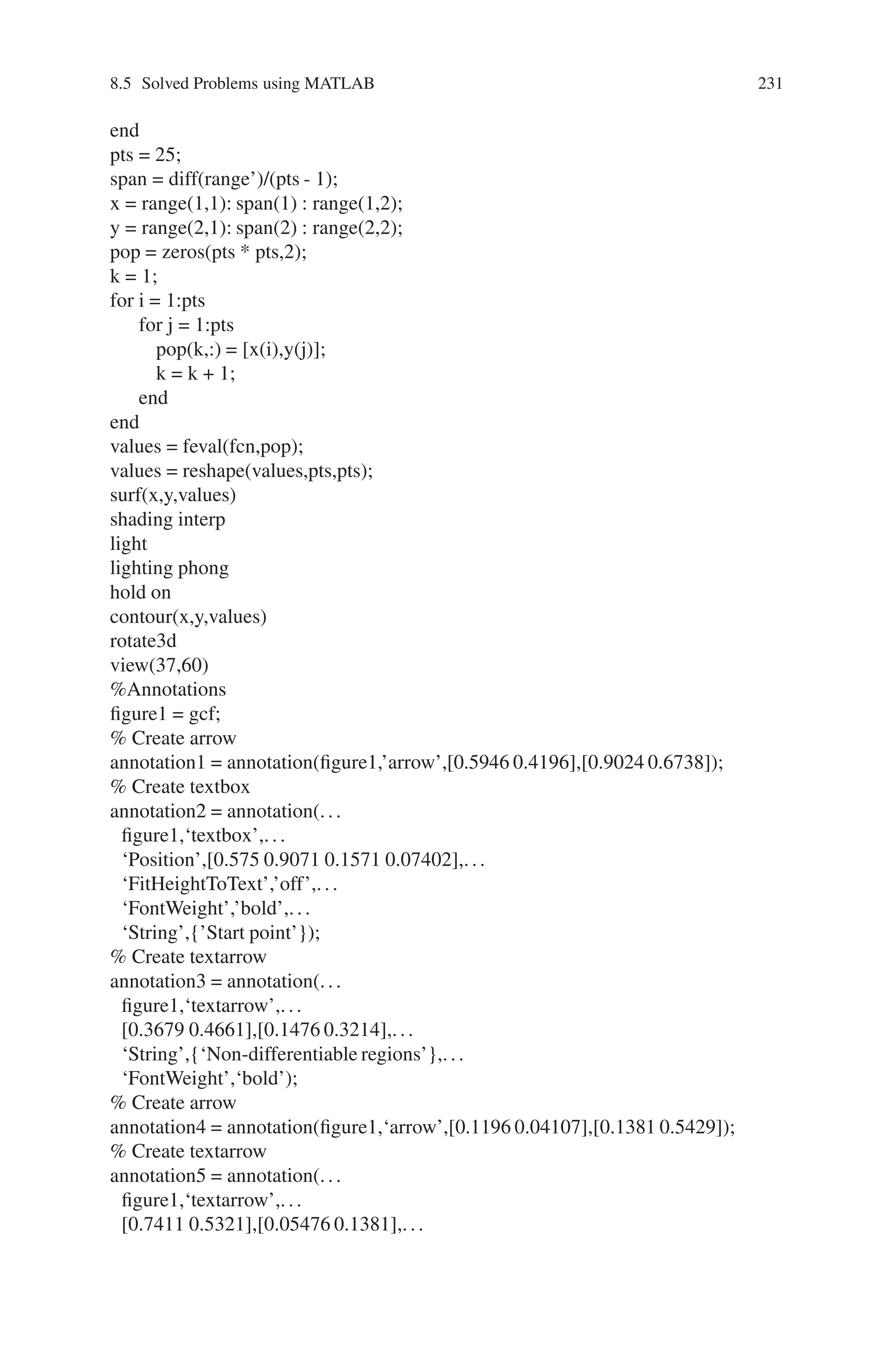 230 Genetic Algorithm Implementation Using Matlab
for i = 1:size(x,1)
if x(i,1)  -7
f(i) = (x(i,1))∧2 + (x(i,2))∧2 ;
elseif x(i,1)  -3
f(i) = -2*sin(x(i,1)) - (x(i,1)*x(i,2)∧2)/10 + 15 ;
elseif x(i,1)  0
f(i) = 0.5*x(i,1)∧2 + 20 + abs(x(i,2))+ patho(x(i,:));
elseif x(i,1) = 0
f(i) = .3*sqrt(x(i,1)) + 25 +abs(x(i,2)) + patho(x(i,:));
end
end
%Calculate gradient
g = NaN;
if x(i,1)  -7
g = 2*[x(i,1); x(i,2)];
elseif x(i,1)  -3
g = [-2*cos(x(i,1))-(x(i,2)∧2)/10; -x(i,1)*x(i,2)/5];
elseif x(i,1)  0
[fp,gp] = patho(x(i,:));
if x(i,2)  0
g = [x(i,1)+gp(1); 1+gp(2)];
elseif x(i,2)  0
g = [x(i,1)+gp(1); -1+gp(2)];
end
elseif x(i,1) 0
[fp,gp] = patho(x(i,:));
if x(i,2)  0
g = [.15/sqrt(x(i,1))+gp(1); 1+ gp(2)];
elseif x(i,2)  0
g = [.15/sqrt(x(i,1))+gp(1); -1+ gp(2)];
end
end
function [f,g] = patho(x)
Max = 500;
f = zeros(size(x,1),1);
g = zeros(size(x));
for k = 1:Max %k
arg = sin(pi*k∧2*x)/(pi*k∧2);
f = f + sum(arg,2);
g = g + cos(pi*k∧2*x);
end
function showNonSmoothFcn(fcn,range)
if(nargin == 0)
fcn = @rastriginsfcn;
range = [-5,5;-5,5];
 