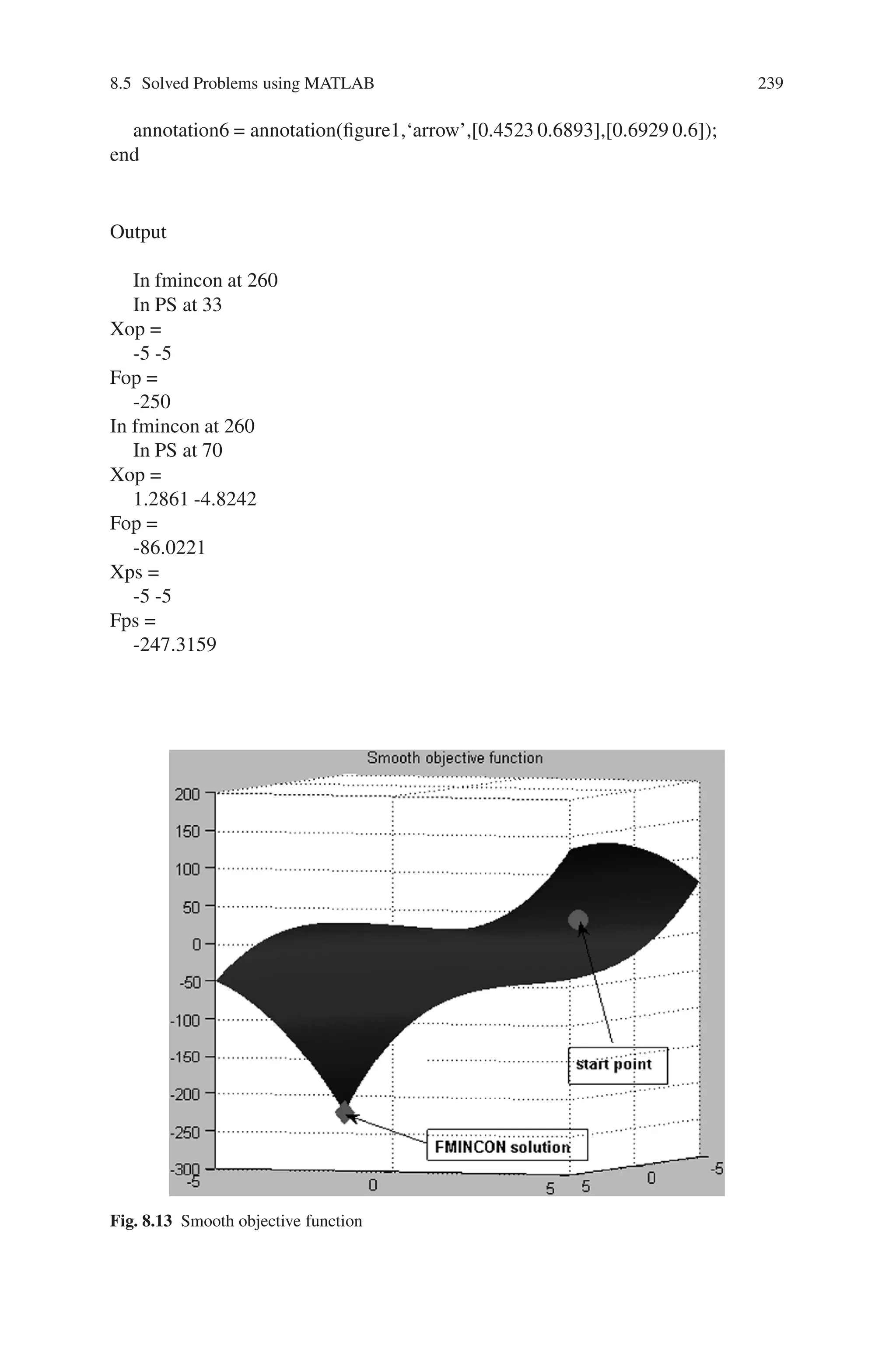 238 Genetic Algorithm Implementation Using Matlab
‘String’,{‘start point’},...
‘FitHeightToText’,‘on’);
% Create arrow
annotation3 = annotation(figure1,‘arrow’,[0.4738 0.3489],[0.1774 0.2358]);
% Create textbox
annotation4 = annotation(...
figure1,‘textbox’,...
‘Position’,[0.4732 0.1444 0.2411 0.06032],...
‘FitHeightToText’,‘off’,...
‘FontWeight’,‘bold’,...
‘String’,{‘FMINCON solution’});
end
function [stop options changed] = psOut(optimvalues,options,flag)
stop = false;
changed = false;
figure1 = gcf;
if strcmpi(flag,‘done’)
% Create textbox
annotation1 = annotation(...
figure1,‘textbox’,...
‘Position’,[0.4679 0.1357 0.3321 0.06667],...
‘FitHeightToText’,‘off’,...
‘FontWeight’,‘bold’,...
‘String’,{‘Pattern Search solution’});
% Create textbox
annotation2 = annotation(...
figure1,‘textbox’,...
‘Position’,[0.5625 0.2786 0.2321 0.06667],...
‘FitHeightToText’,‘off’,...
‘FontWeight’,‘bold’,...
‘String’,{‘FMINCON solution’});
% Create textbox
annotation3 = annotation(...
figure1,‘textbox’,...
‘Position’,[0.3714 0.6905 0.1571 0.06449],...
‘FitHeightToText’,‘off’,...
‘FontWeight’,‘bold’,...
‘String’,{‘Start point’});
% Create arrow
annotation4 = annotation(figure1,‘arrow’,[0.7161 0.6768],[0.3452 0.4732]);
% Create arrow
annotation5 = annotation(figure1,‘arrow’,[0.4697 0.35],[0.1673 0.2119]);
% Create arrow
 