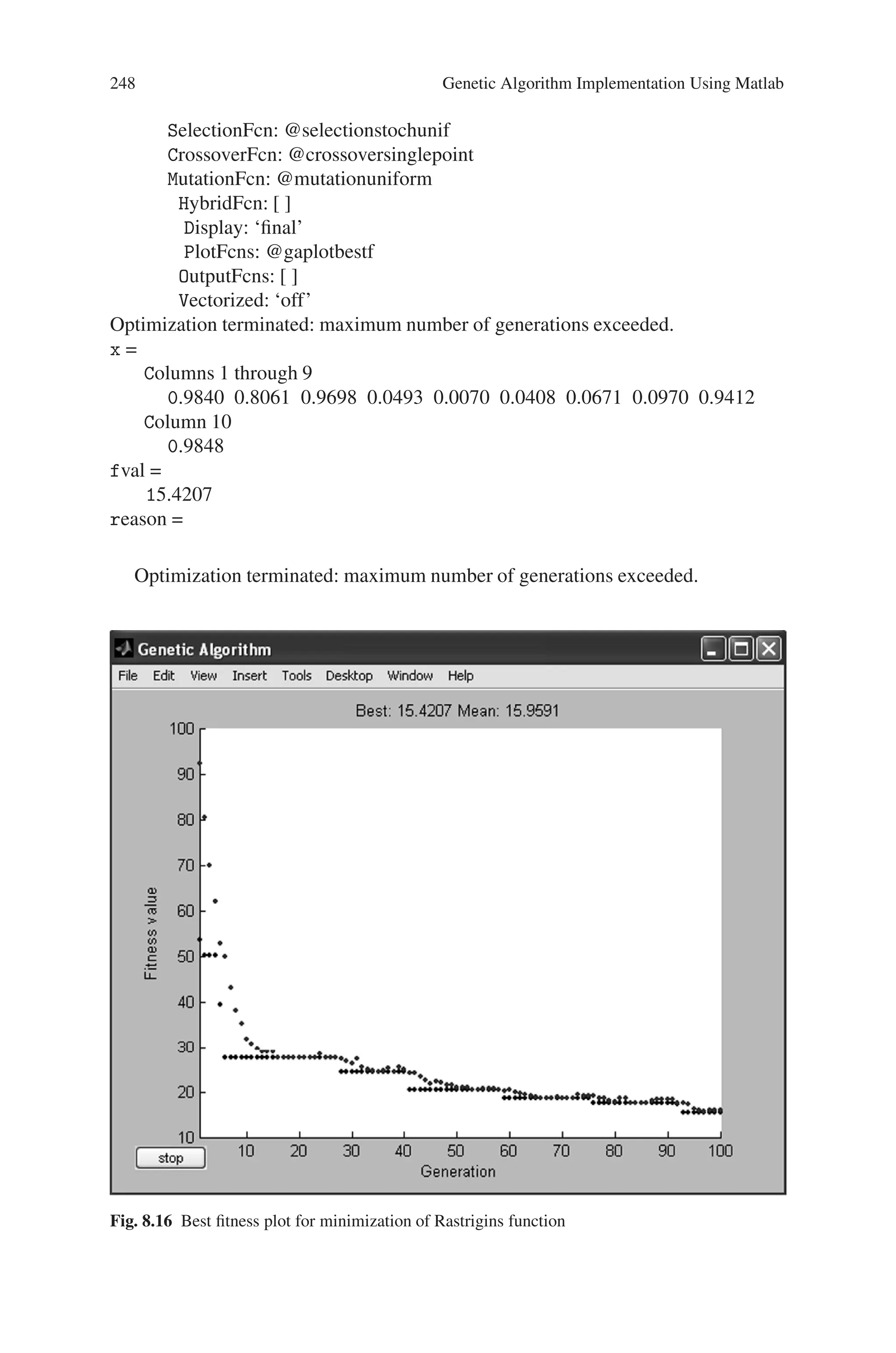 8.5 Solved Problems using MATLAB 247
The MATLABtoolbox contains an M-file, rastriginsfcn.m, that computes the values
of Rastrigin’s function.
Source Code
The function is defined as follows:
function Rasfun = rastriginsfcn(pop) %RASTRIGINSFCN Compute the
%“Rastrigin” function.
Rasfun = 10.0 * size(pop,2) + sum(pop .∧2 - 10.0 * cos(2 * pi .* pop),2);
The program for minimizing this function is given as,
%Program to minimize Rastrigins Function
%Depending upon user’s need Options can be specified using the command
‘gaoptimset’. %If
%Options not specified default options are chosen.
options=gaoptimset(‘CrossoverFcn’,@crossoversinglepoint,. . .
‘MutationFcn’,@mutationuniform,‘Plotfcns’,@gaplotbestf)
%Generating the genetic algorithm for 10 variables with the options specified
%above
[x,fval,reason] = ga(@rastriginsFcn,10,options)
Output
options =
PopulationType: ‘doubleVector’
PopInitRange: [2x1 double]
PopulationSize: 20
EliteCount: 2
CrossoverFraction: 0.8000
MigrationDirection: ‘forward’
MigrationInterval: 20
MigrationFraction: 0.2000
Generations: 100
TimeLimit: Inf
FitnessLimit: -Inf
StallGenLimit: 50
StallTimeLimit: 20
InitialPopulation: [ ]
InitialScores: [ ]
PlotInterval: 1
CreationFcn: @gacreationuniform
FitnessScalingFcn: @fitscalingrank
 