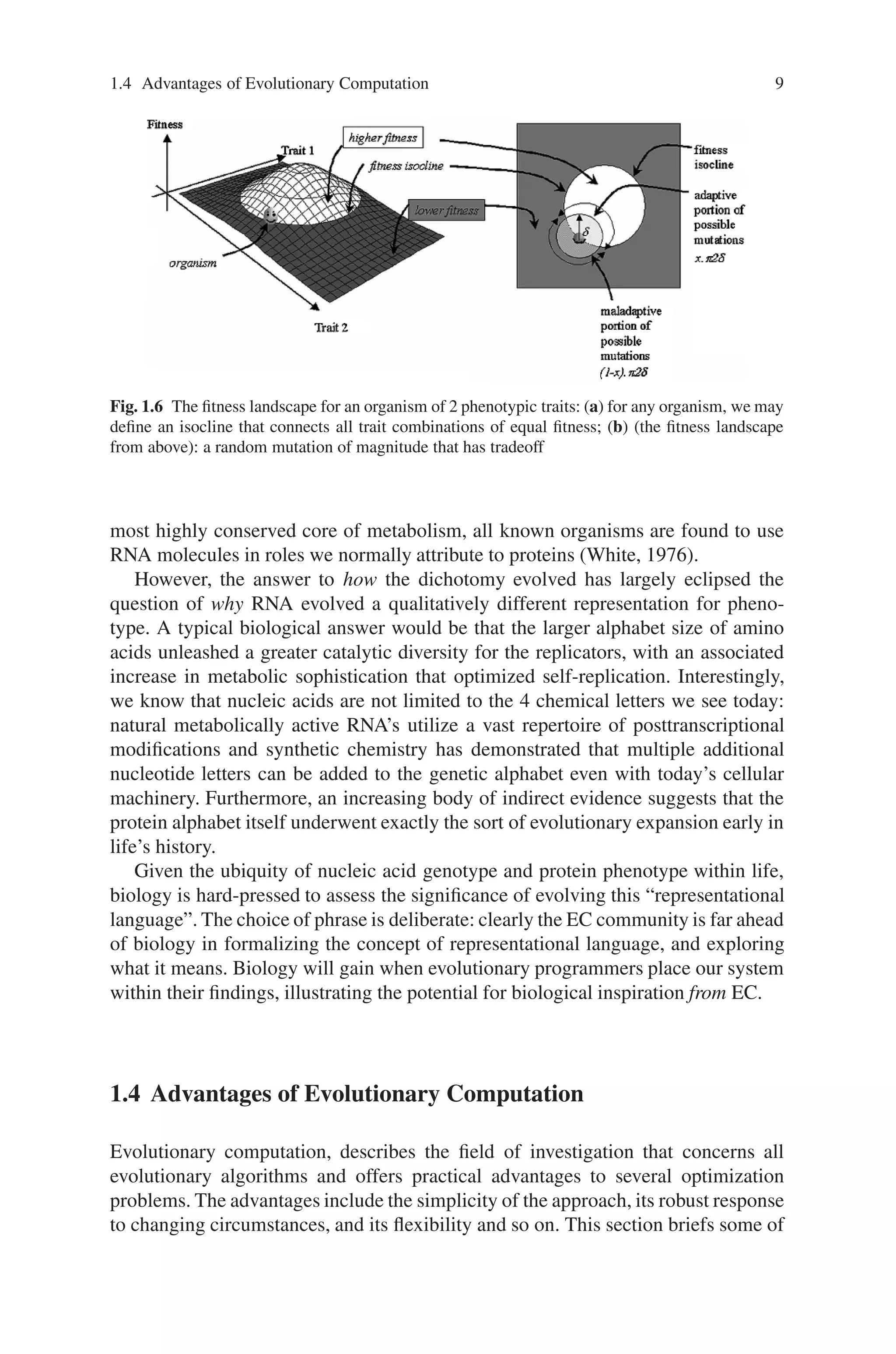 1.4 Advantages of Evolutionary Computation 9
Fig. 1.6 The fitness landscape for an organism of 2 phenotypic traits: (a) for any organism, we may
define an isocline that connects all trait combinations of equal fitness; (b) (the fitness landscape
from above): a random mutation of magnitude that has tradeoff
most highly conserved core of metabolism, all known organisms are found to use
RNA molecules in roles we normally attribute to proteins (White, 1976).
However, the answer to how the dichotomy evolved has largely eclipsed the
question of why RNA evolved a qualitatively different representation for pheno-
type. A typical biological answer would be that the larger alphabet size of amino
acids unleashed a greater catalytic diversity for the replicators, with an associated
increase in metabolic sophistication that optimized self-replication. Interestingly,
we know that nucleic acids are not limited to the 4 chemical letters we see today:
natural metabolically active RNA’s utilize a vast repertoire of posttranscriptional
modifications and synthetic chemistry has demonstrated that multiple additional
nucleotide letters can be added to the genetic alphabet even with today’s cellular
machinery. Furthermore, an increasing body of indirect evidence suggests that the
protein alphabet itself underwent exactly the sort of evolutionary expansion early in
life’s history.
Given the ubiquity of nucleic acid genotype and protein phenotype within life,
biology is hard-pressed to assess the significance of evolving this “representational
language”. The choice of phrase is deliberate: clearly the EC community is far ahead
of biology in formalizing the concept of representational language, and exploring
what it means. Biology will gain when evolutionary programmers place our system
within their findings, illustrating the potential for biological inspiration from EC.
1.4 Advantages of Evolutionary Computation
Evolutionary computation, describes the field of investigation that concerns all
evolutionary algorithms and offers practical advantages to several optimization
problems. The advantages include the simplicity of the approach, its robust response
to changing circumstances, and its flexibility and so on. This section briefs some of
 