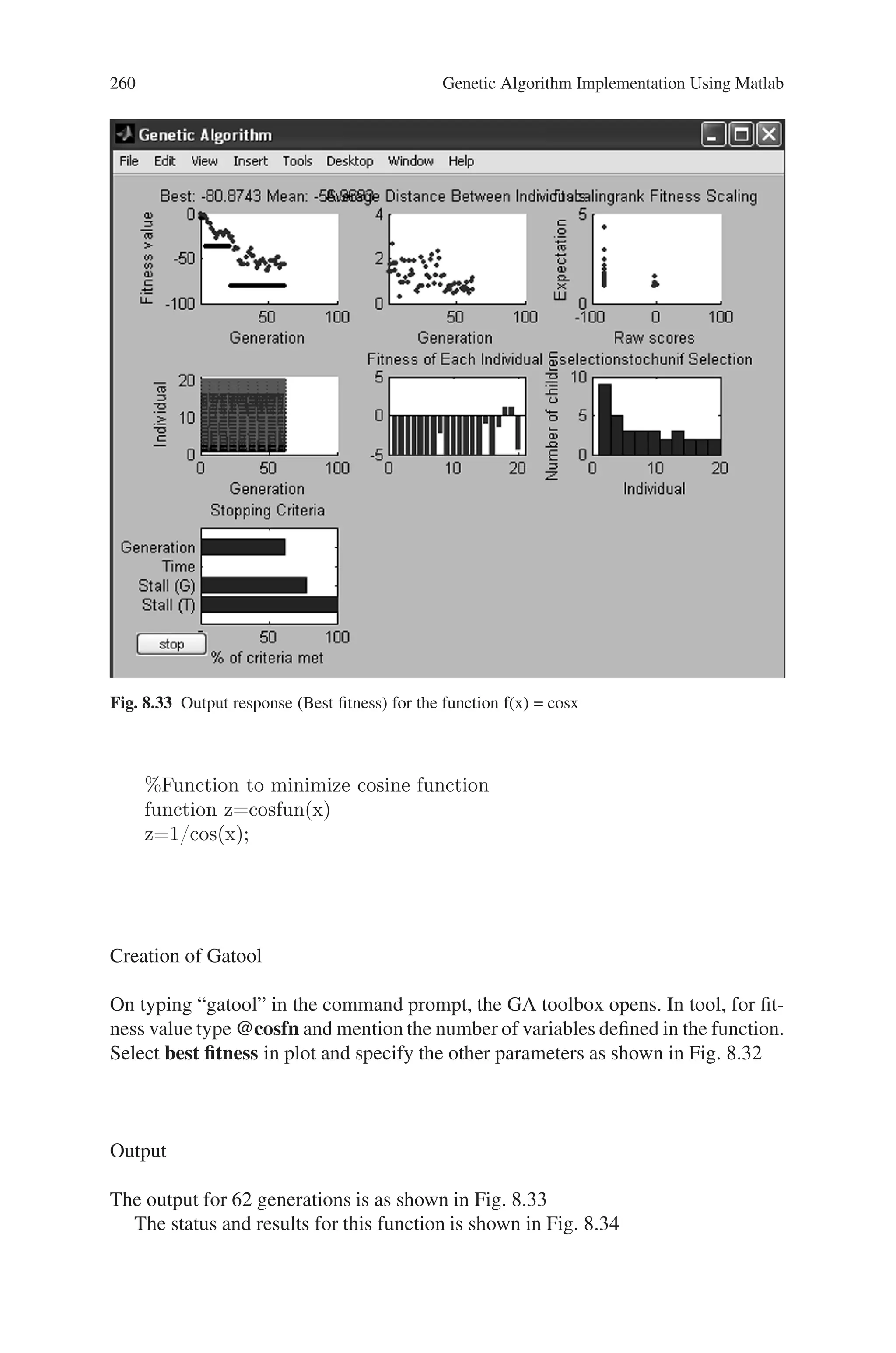 8.5 Solved Problems using MATLAB 259
Fig. 8.31 Status and results for the function f(x1,x2,x3) = -5sin(x1)sin(x2)sin(x3)+-sin(5x1)
sin(5x2)sin(x3)
Fig. 8.32 Genetic algorithm tool for cosine function
 