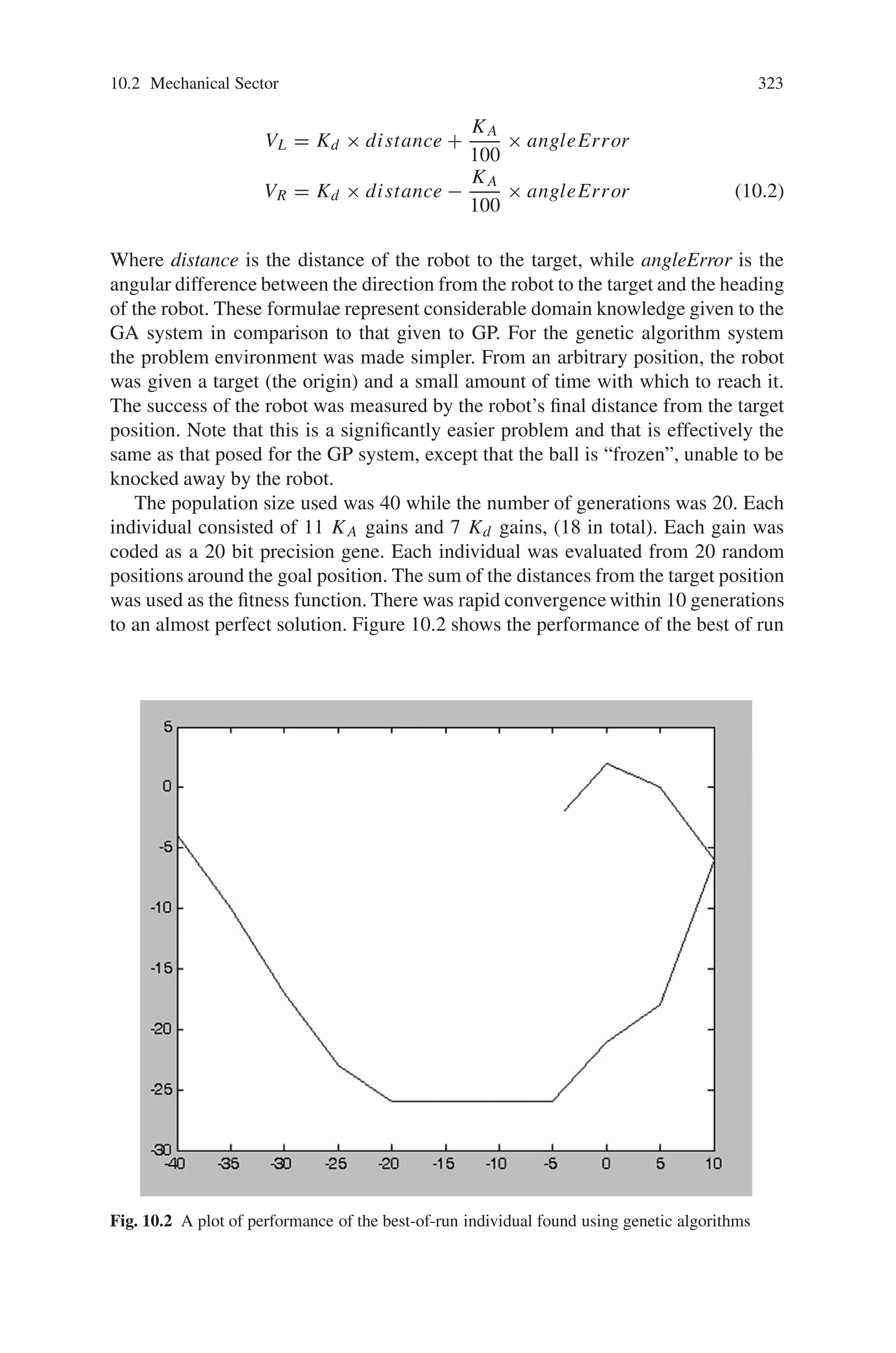 322 10 Applications of Genetic Algorithms
work through the generations, and when finished we studied the best individual of
each generation. This process generated individuals that clearly improved their ball-
following ability, however their performance was unimpressive. In light of Koza’s
work and to improve performance, two more functions were added to the gene pool:
• the difference between the ball’s and robot’s x-coordinates (delta x), and
• the difference between the ball’s and robot’s y-coordinates (delta y).
Along with the addition of the new genes, the fitness test was altered. Rather than
a single-time distance measurement (i.e. at the end of the simulation the distance
between the ball and the robot was measured) we introduced a multi-time mea-
surement. For each frame of the simulation (which ran at 33 frames a second) the
distance from ball to robot was measured; these distances were summed to give a
final fitness scored. Again, the smaller the value the better the performance, however
it was impossible to achieve a zero-value fitness score. These changes had a positive
effect on the individuals’ ball-following ability. Figure 10.1 shows an example of
the best-of-run individual executing its evolved code to follow the ball. (The run
went to 50 generations with a population of 500.) Although it is far from an efficient
ball-follower, it does demonstrate an interesting trait: when it comes very close to
the ball it describes very tight circles—a behavior that optimizes the performance
measure.
10.2.2.2 Genetic Algorithms
Genetic algorithms are quite different to genetic programming. The use of the pro-
cess was not as intuitive as GP because rather than immediately producing velocity
setpoints, the GA needed an extra layer of human intervention, a gain-scheduled
controller. The GA system produced individuals that generated the required velocity
set-points via the control formulae given in (10.2).
Fig. 10.1 The best-of-run
individual found using
genetic programming
 