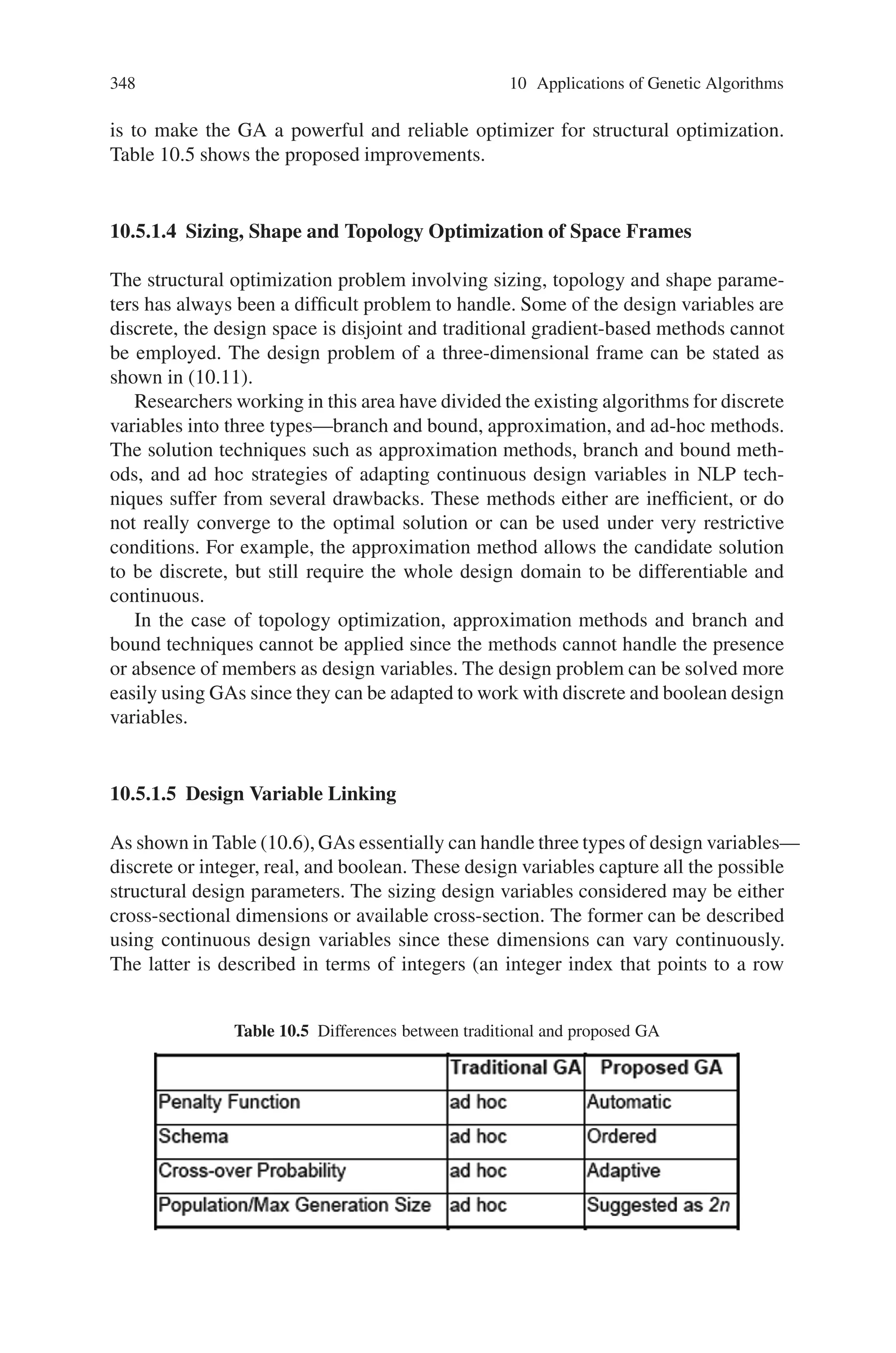 346 10 Applications of Genetic Algorithms
Find x = bx1, . . . ,b xnb,1 x1, . . . ,1 xnd,2 x1, . . . ,3 xni
to minimize f (x)
subject to gi(x) ≤ 0 i = 1, . . . , ni
h j (x) = 0 j = 1, . . . , ne
bxp ∈ {0, 1} p = 1, . . . , nb
1xq ∈ {x1
q, x2
q, . . . . . . ., x
nq
q } q = 1, . . . , nd
2xl
r ≤ xr ≤2 xU
r r = 1, . . . , ns
(10.11)
where x is the design variable vector, f (x) is the objective function, ni is the number
of inequality constraints, ne is the number of inequality constraints, nb is the number
of Boolean design variables, nd is the number of discrete design variables selected
from a list of nq values, and ns is the number of continuous design variables. All
structural design problems do not lend themselves to a simultaneous consideration
of all of the above-mentioned constraints and design variables. Design problems are
usually categorized as sizing, shape or topology design problems or combinations
thereof.
This section deals with the solution to the above-mentioned problem.
10.5.1.2 Genetic Algorithm as a Design Automation Tool
GAs were developed to solve unconstrained optimization problems. However, engi-
neering design problems are usually constrained. They are solved by transforming
the problem to an unconstrained problem. The transformation is not unique and one
possibility is to use the following strategy.
find : x = b
x1, . . . ,b
xN BDV ; i
x1, . . . ,i
xN I DV ; s
x1, . . . ,s
xNSDV 
minimize : f (x) +

i
ci · max(0, gi) +

j
cj |h j | (10.12)
where ci and cj are penalty parameters used with inequality and equality constraints.
Determining the appropriate penalty weights ci and cj is always problematic. We
propose an algorithm here where the penalty weight is computed automatically and
adjusted in an adaptive manner. First the objective function is modified as
f (x) + ca
⎛
⎝

i
max(0, gi) +

j
|h j |
⎞
⎠ (10.13)
The following rules are used to select ca.
(1) If there are feasible designs in the current generation, ca is set as the minimum f
among all feasible designs in the current generation. The rationale is that for the
design with minor violations and smaller objective value, the probability of sur-
vival is not eliminated. If, on the other hand, the maximum f among all feasible
 