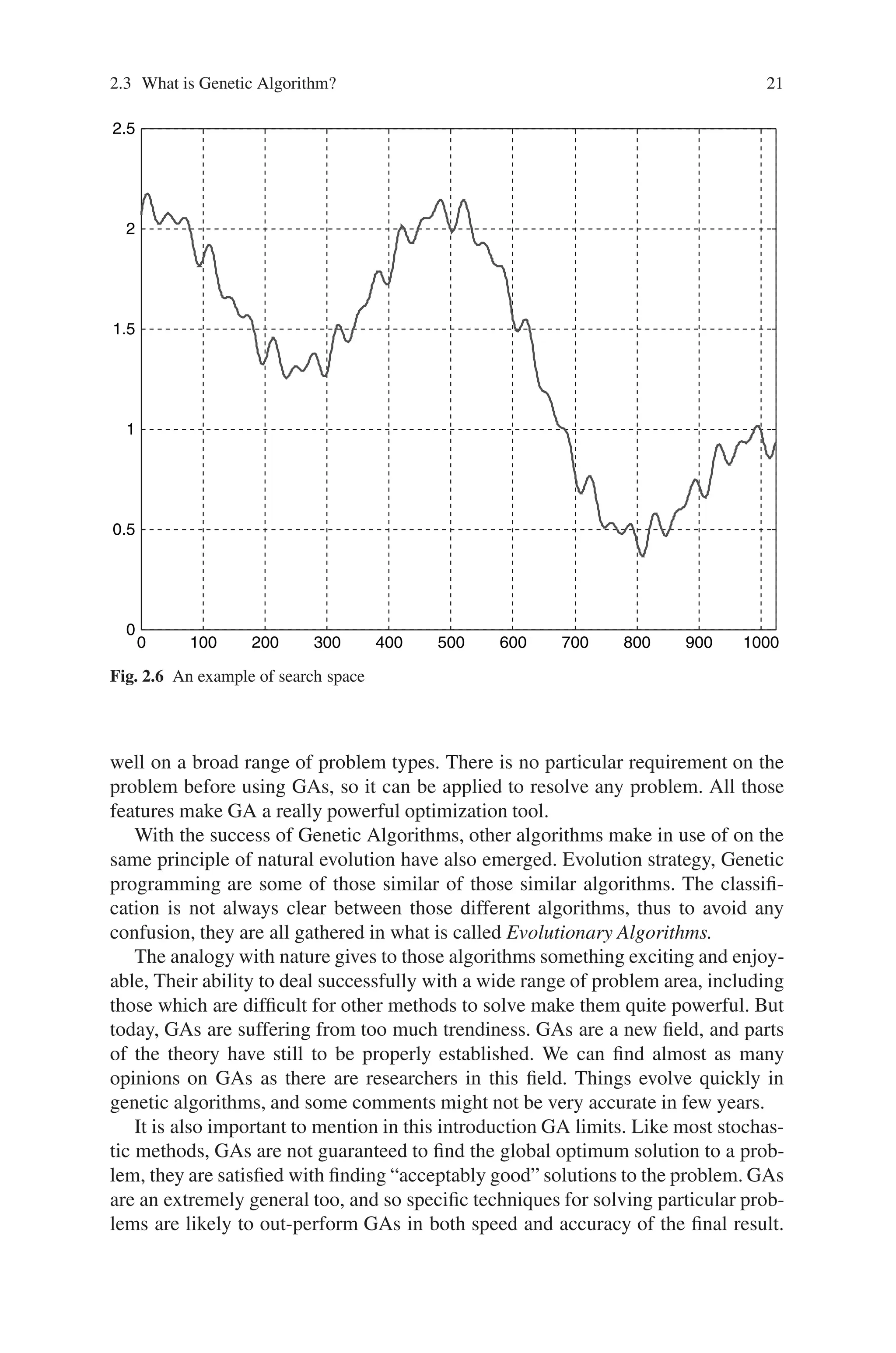 2.3 What is Genetic Algorithm? 21
0 100 200 300 400 500 600 700 800 900 1000
0
0.5
1
1.5
2
2.5
Fig. 2.6 An example of search space
well on a broad range of problem types. There is no particular requirement on the
problem before using GAs, so it can be applied to resolve any problem. All those
features make GA a really powerful optimization tool.
With the success of Genetic Algorithms, other algorithms make in use of on the
same principle of natural evolution have also emerged. Evolution strategy, Genetic
programming are some of those similar of those similar algorithms. The classifi-
cation is not always clear between those different algorithms, thus to avoid any
confusion, they are all gathered in what is called Evolutionary Algorithms.
The analogy with nature gives to those algorithms something exciting and enjoy-
able, Their ability to deal successfully with a wide range of problem area, including
those which are difficult for other methods to solve make them quite powerful. But
today, GAs are suffering from too much trendiness. GAs are a new field, and parts
of the theory have still to be properly established. We can find almost as many
opinions on GAs as there are researchers in this field. Things evolve quickly in
genetic algorithms, and some comments might not be very accurate in few years.
It is also important to mention in this introduction GA limits. Like most stochas-
tic methods, GAs are not guaranteed to find the global optimum solution to a prob-
lem, they are satisfied with finding “acceptably good” solutions to the problem. GAs
are an extremely general too, and so specific techniques for solving particular prob-
lems are likely to out-perform GAs in both speed and accuracy of the final result.
 