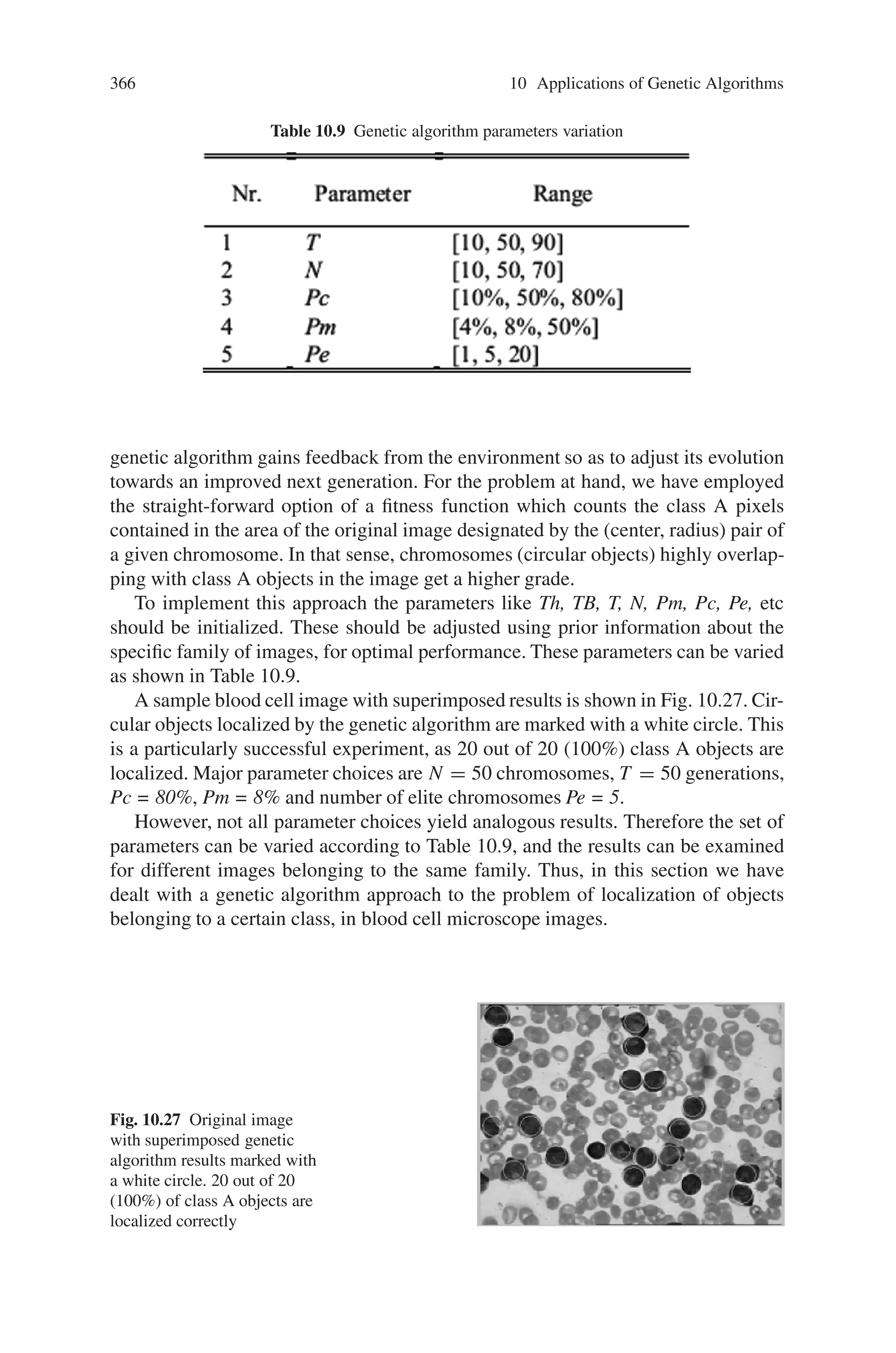 364 10 Applications of Genetic Algorithms
to the various cell coloring techniques usually applied on the sample before it is
placed in the microscope. In the present context, we will not go into the medical
interpretation of the image, i.e. the diagnosis of certain pathologies connected to the
presence or count or percentage of class A or class B cells, as this does not affect
the technical problem addressed—although it renders the obtained results critical.
Referring to Fig. 10.25, this section aims to address the following problems:
1) Detection of class A cells,
2) Percentage of the class A cells surface in the image, and
3) Registration of class A cells (coordinates and size).
Although this could be considered as an image segmentation problem, it is claimed
that the genetic algorithms approach taken here is far more efficient in terms of
processing time, while it yields high correct recognition scores.
10.6.5 Image Preprocessing
The histogram of the grayscale scale image is employed in order to obtain a
grayscale threshold value Th, below which fall class A cells only. The sample
histogram is shown in Fig. 10.26 (a), exhibits three major areas of grayscales,
corresponding—from darker to lighter scale—to: (i) class A cell pixels, (ii) class
B cell pixels and (iii) background pixels. Threshold value Th is set to the local mini-
mum of the histogram curve, lying between the first two peaks mentioned above.
The image is threshold by Th, thus producing a binary (black and the first two
problems (detection of class A cells and calculation of their % area in the image)
are straightforward if we use the binary image.
Fig. 10.25 Sample blood cell
microscope image showing
two classes of cells in a
uniform background
 