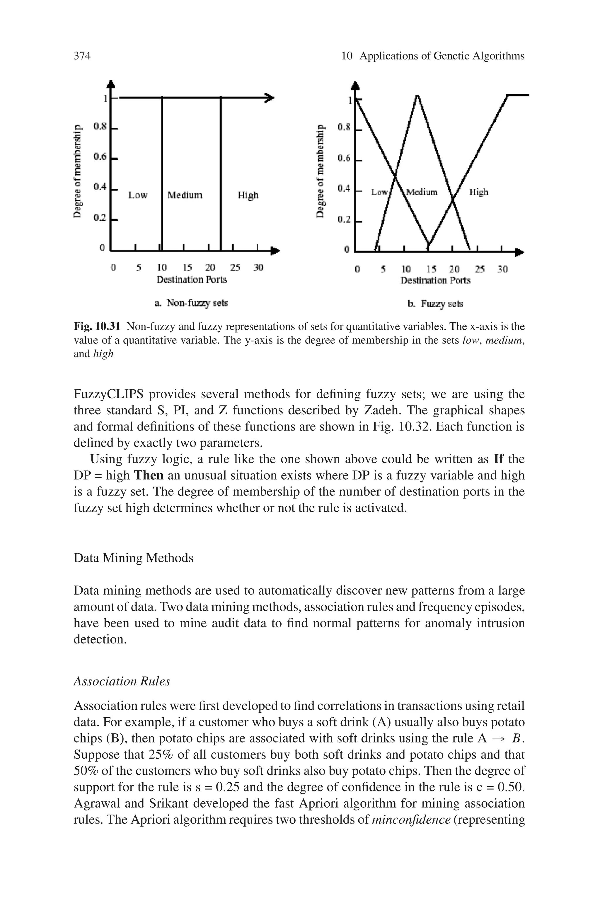 372 10 Applications of Genetic Algorithms
ular with both misuse and anomaly detection components, distributed, and real-time.
The architecture shown in Fig. 10.30 has been developed with these goals in mind.
The Machine Learning Component integrates fuzzy logic with association rules
and frequency episodes to “learn” normal patterns of system behavior. This normal
behavior is stored as sets of fuzzy association rules and fuzzy frequency episodes.
The Anomaly Intrusion Detection Module extracts patterns for an observed audit
trail and compares these new patterns with the “normal” patterns. If the similarity
of the sets of patterns is below a specified threshold, the system alarms an intrusion.
Misuse Intrusion Detection Modules use rules written in FuzzyCLIPS to match pat-
terns of known attacks or patterns that are commonly associated with suspicious
behavior to identify attacks. The use of fuzzy logic in both of these modules makes
the rules of the system more flexible and less brittle. The machine learning compo-
nent allows the system to adapt to new environments. The detection methods will be
implemented as a set of intrusion detection modules. An intrusion detection module
may address only one or even a dozen types of intrusions. Several intrusion de-
tection modules may also cooperate to detect an intrusion in a loosely coupled way
since these detection modules are relatively independent. Different modules may use
different methods. For instance, one module can be implemented as a rule-based
expert system and another module can be constructed as a neural network classi-
Fig. 10.30 Architecture of IIDS
 