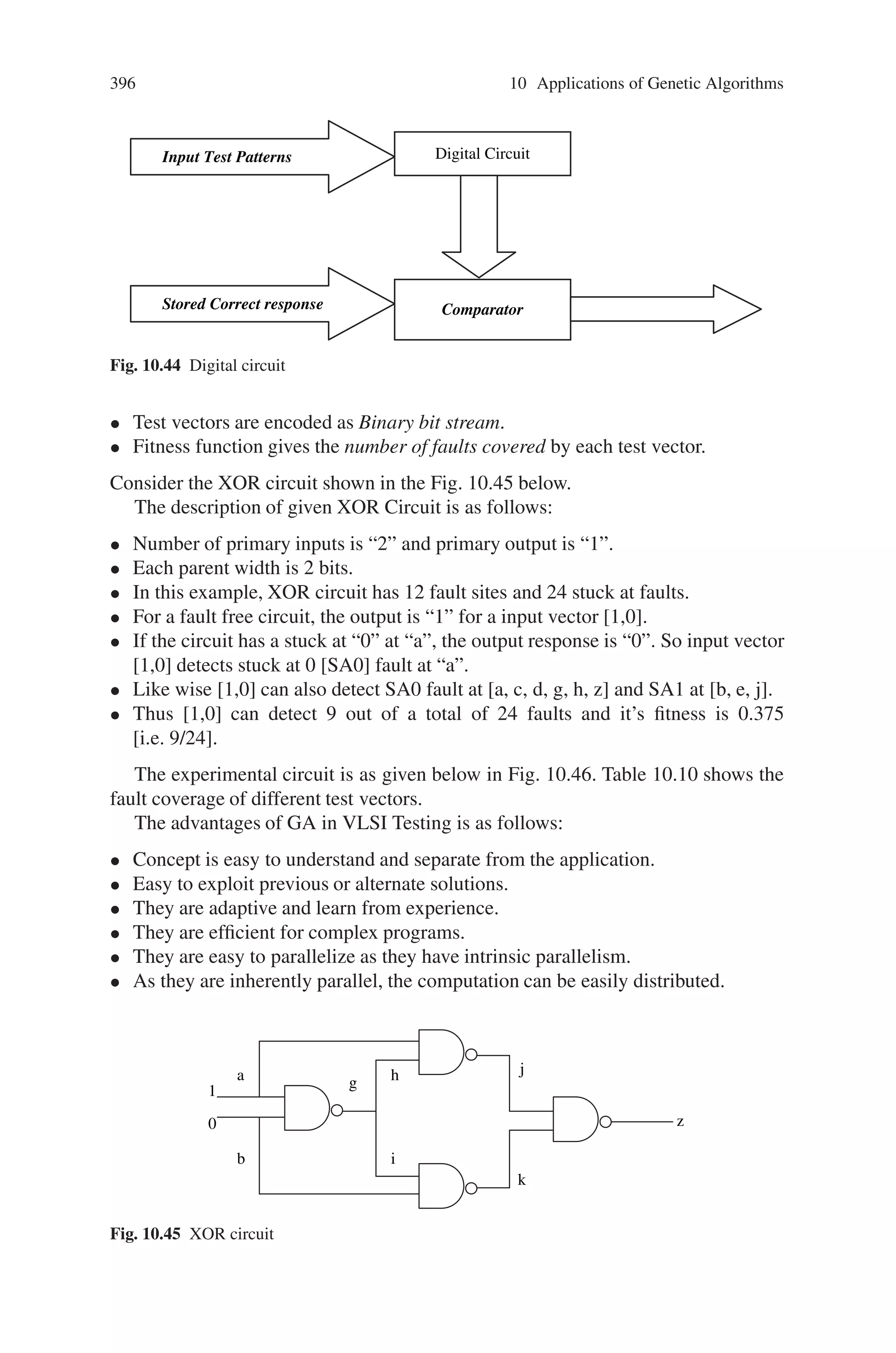394 10 Applications of Genetic Algorithms
to the number of cells to be assigned. We rewrite the formulation above in an
unconstrained form:
minimize cost =
n

i=l
livi + α
n

i=l
n

j=l
wij d(vi,vj ) + Π,
where
Π = β(
m

k=1
|nk − Cap| +
m

k=m+1
|nk|). (10.29)
%
is the penalty measure associated with a chromosome, and β is the penalty
weight.
Since the best-fit chromosomes should have a probability of being selected as
parents that is proportional to their fitness, they need to be expressed in a maxi-
mization form. This is done by subtracting the objective from a large number Cmax.
Hence, the fitness function becomes:
maximize Cmax − [
n

i=l
livi + α
n

i=l
n

j=l
wij d(vi,vj )
+ β(
m

k=1
|nk − Cap| +
m

k=m+1
|nk|)],
(10.30)
where Cmax denotes the maximum value observed, so far, of the cost function in the
population. Let cost be the value of the cost function for the chromosome; Cmax can
be calculated by the following iterative equation:
Cmax = max {Cmax, cost}, (10.31)
where Cmax is initialized to zero.
Replacement Strategy
This subsection discusses a method used to create a new generation after crossover
and mutation is carried out on the chromosomes of the previous generation. The
most common strategies probabilistically replace the poorest performing chromo-
somes in the previous generation. The elitist strategy appends the best performing
chromosome of a previous generation to the current population and thereby ensures
that the chromosome with the best objective function value always survives to the
next generation. The algorithm developed here combines both the concepts main-
tained above.
 