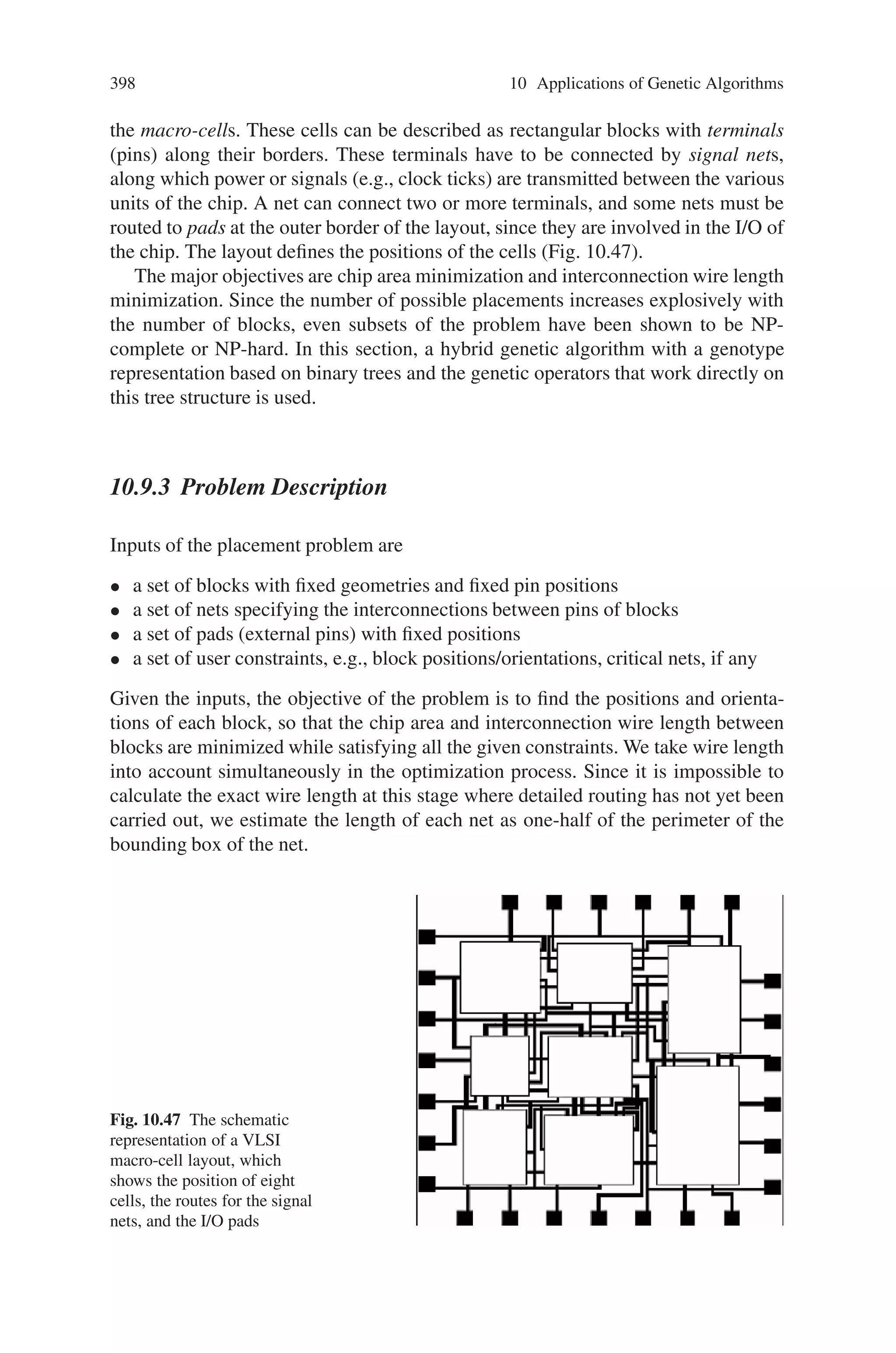 396 10 Applications of Genetic Algorithms
Digital Circuit
Comparator
Input Test Patterns
Stored Correct response
Fig. 10.44 Digital circuit
• Test vectors are encoded as Binary bit stream.
• Fitness function gives the number of faults covered by each test vector.
Consider the XOR circuit shown in the Fig. 10.45 below.
The description of given XOR Circuit is as follows:
• Number of primary inputs is “2” and primary output is “1”.
• Each parent width is 2 bits.
• In this example, XOR circuit has 12 fault sites and 24 stuck at faults.
• For a fault free circuit, the output is “1” for a input vector [1,0].
• If the circuit has a stuck at “0” at “a”, the output response is “0”. So input vector
[1,0] detects stuck at 0 [SA0] fault at “a”.
• Like wise [1,0] can also detect SA0 fault at [a, c, d, g, h, z] and SA1 at [b, e, j].
• Thus [1,0] can detect 9 out of a total of 24 faults and it’s fitness is 0.375
[i.e. 9/24].
The experimental circuit is as given below in Fig. 10.46. Table 10.10 shows the
fault coverage of different test vectors.
The advantages of GA in VLSI Testing is as follows:
• Concept is easy to understand and separate from the application.
• Easy to exploit previous or alternate solutions.
• They are adaptive and learn from experience.
• They are efficient for complex programs.
• They are easy to parallelize as they have intrinsic parallelism.
• As they are inherently parallel, the computation can be easily distributed.
a h j
g
i
k
b
1
0 z
Fig. 10.45 XOR circuit
 