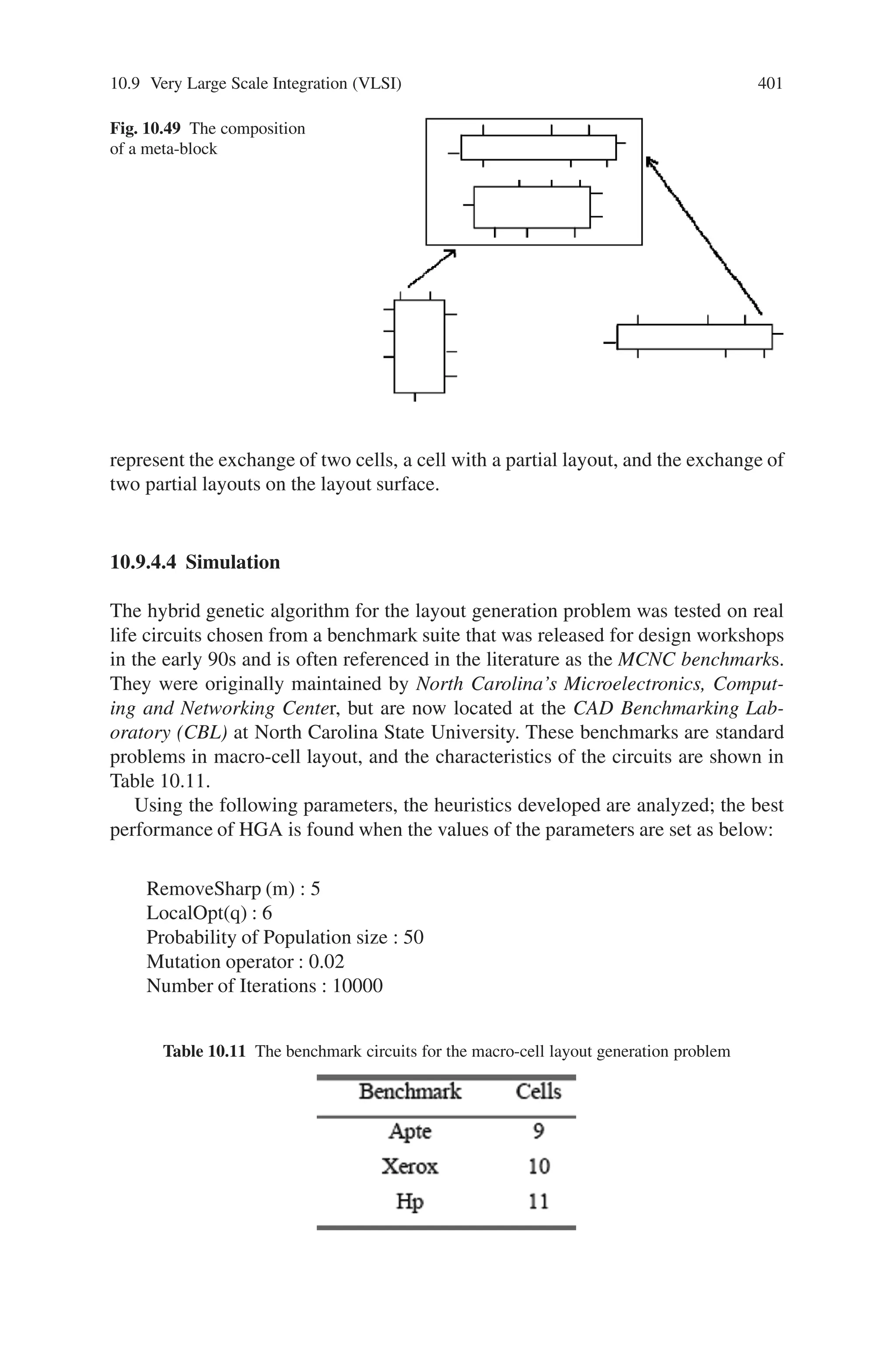 10.9 Very Large Scale Integration (VLSI) 399
The objective function, which measures the quality of the resulting placement,
can be expressed as follows,
E = 1/(C1 ChipArea + C2WireLength) (10.32)
where C1, C2 are the corresponding weights.
10.9.4 Genetic Layout Optimization
10.9.4.1 The Hybrid Genetic Algorithm
A Hybrid Genetic Algorithm is designed to use heuristics for improvement of off-
spring produced by crossover. Initial population is randomly generated. The off-
spring is obtained by crossover between two parents selected randomly. The layout
improvement heuristics RemoveSharp and LocalOpt are used to ring the offspring
to a local maximum. If fitness of the layout of the offspring thus obtained is greater
than the fitness of the layout of any one of the parents then the parent with lower
fitness is removed from the population and the offspring is added to the population.
If the fitness of the layout of the offspring is lesser than that of both of its parent
then it is discarded. For mutation a random number is generated within one and if it
is less than the specified probability of the mutation operator a layout is randomly
selected and removed from the population. Its layout is randomized and then added
to the population. The algorithm works as below:
Step 1 : Initialize population randomly
Step 2 : Apply RemoveSharp algorithm to all layouts in the initial population
Apply LocalOpt algorithm to all layouts in the initial population
Step 3 : Select two parents randomly
Apply Crossover between parents and generate an offspring
Apply RemoveSharp algorithm to offspring
Apply LocalOpt algorithm to offspring
If Fitness(offspring)  Fitness (any one of the parents) then replace the
weaker parent by the offspring
Step 4 : Mutate any one randomly selected layout from population
Step 5 : Repeat steps 3 and 4 until end of specified number of iterations.
10.9.4.2 Genotype Representation
The phenotypic representation for the placement problems is basically the pattern
that describes the position of the blocks. Binary slicing trees are well suited to rep-
resent placement patterns and have already been used in genetic algorithms. During
recombination, partial arrangements of blocks are transmitted from parents to off-
spring. The corresponding operation is the inheritance of subtrees from the parents.
Encoding the tree in a string complicates this operation, since the string needs to
 