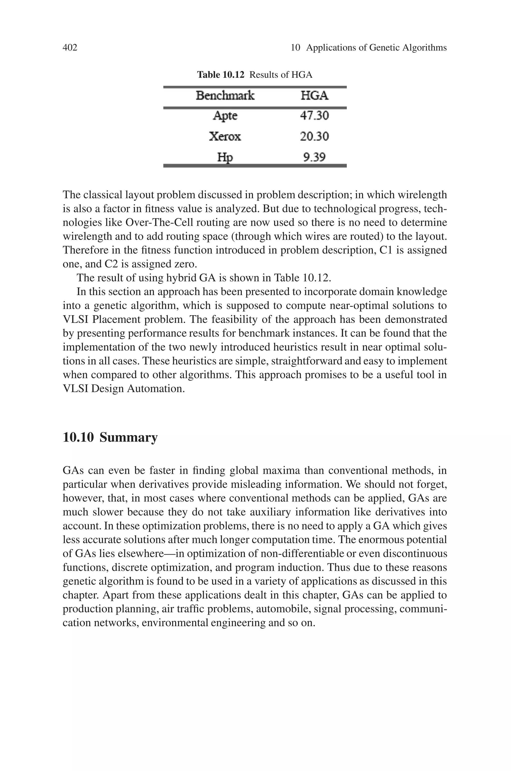 400 10 Applications of Genetic Algorithms
be decoded into the slicing tree to execute the recombination, then recoded into an
offspring chromosome afterwards. There is no reason for using a string encoding ex-
cept for the analogy to the natural evolution process, where the genetic information
is encoded in a DNA string.
When directly using the slicing tree as the genotype representation, further de-
coding or encoding the tree when applying genetic operators is avoided. The geno-
type is encoded as a binary slicing tree, which defines the relative placement of
the cells (Fig. 10.48). It is composed in a bottom-up fashion. In each inner node
two blocks (in the lowest level these are single cells) are joined to a meta-block
(partial placement). In each meta-block the orientations of the combined blocks
are fixed (Fig. 10.49). Therefore every tree describes several possible shapes for
the corresponding layout, which enormously improves the performance of the GA.
Blocks or sub-patterns in a tree defining a layout, is always stacked vertically upon
each other. The pattern characterized by the right successor of an inner tree node
is always positioned on top of the pattern characterized by its left successor when
combining both parts into a pattern or meta-block.
10.9.4.3 Genetic Operators
During the optimization process the placement of the blocks has to be changed. The
genetic operators directly work on the tree-structure by combining subtrees of par-
ents (crossover) and modifying the tree of an individual (mutation). The crossover
operator takes two individuals (parent) out of which one offspring is composed by
combining two subtrees, one from each parents. Unfortunately, these parts usually
do not add up to a complete layout. After the combination of the two subtrees
the redundant blocks are deleted and the missing blocks have to be added at ran-
dom positions to the tree to ensure that the offspring finally represents a correct
layout. Mutation operator modifies either by exchanging simple blocks or a block
(leaf) with a meta-block (subtree) or by exchanging two meta-blocks. These cases
Fig. 10.48 The genotype
 