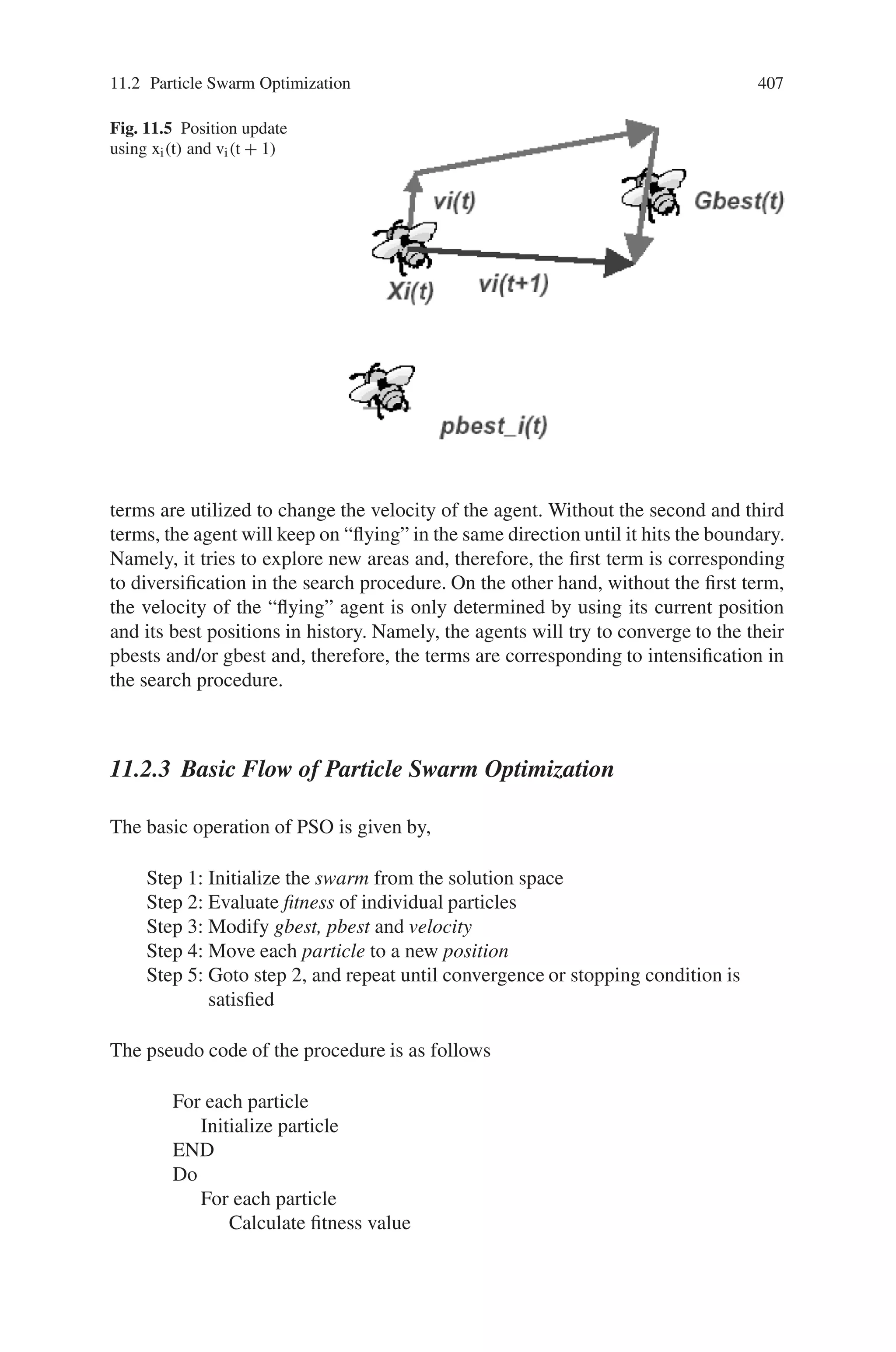 11.2 Particle Swarm Optimization 405
adjust their own position and velocity based on these good positions. There are two
main ways this is done:
• a global best that is known to all and immediately updated when a new best
position is found by any particle in the swarm
• “neighborhood” bests where each particle only immediately communicates with
a subset of the swarm about best positions
Each particle keeps track of its coordinates in the problem space which are asso-
ciated with the best solution (fitness) it has achieved so far. (The fitness value is
also stored.) This value is called pbest. Another “best” value that is tracked by the
particle swarm optimizer is the best value, obtained so far by any particle in the
neighbors of the particle. This location is called lbest. when a particle takes all the
population as its topological neighbors, the best value is a global best and is called
gbest.
The particle swarm optimization concept consists of, at each time step, changing
the velocity of (accelerating) each particle toward its pbest and lbest locations (local
version of PSO). Acceleration is weighted by a random term, with separate random
numbers being generated for acceleration toward pbest and lbest locations.
11.2.2 Operation of Particle Swarm Optimization
Consider Swarm of particles is flying through the parameter space and searching for
optimum. Each particle is characterized by,
Position vector . . . .. xi(t)
Velocity vector . . . . . . vi (t)
as shown in Fig. 11.2.
During the process, each particle will have its individual knowledge pbest, i.e.,
its own best-so-far in the position and social knowledge gbest i.e., pbest of its best
neighbor as shown in Fig. 11.3.
Performing the velocity update, using the formula given below,
vi (t + 1) = α vi + c1 × rand × (pbest(t)-xi(t)) + c2 × rand × (gbest(t)-xi(t))
(11.1)
Fig. 11.2 A particle with
position vector and velocity
vector
 