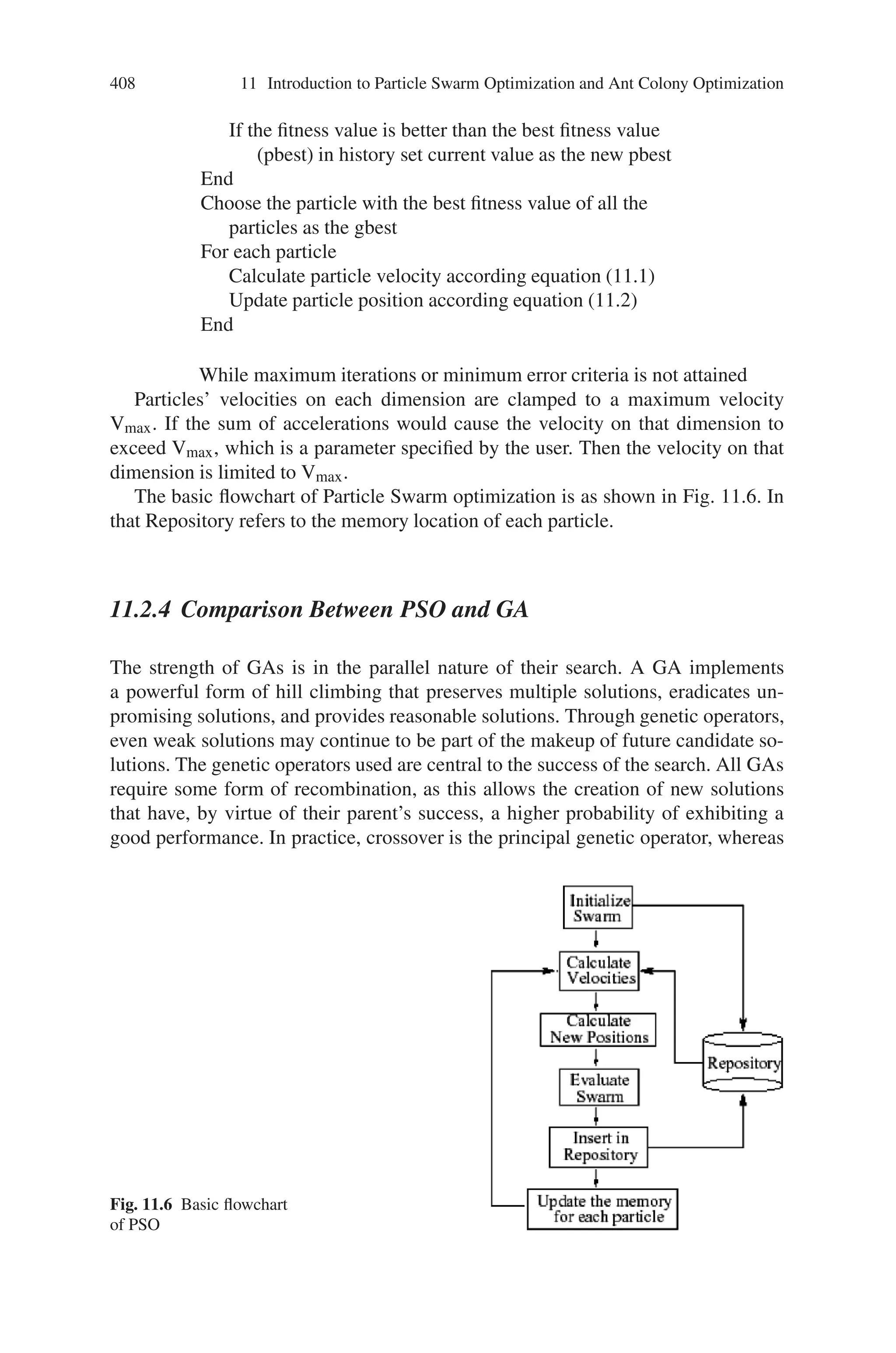 406 11 Introduction to Particle Swarm Optimization and Ant Colony Optimization
Fig. 11.3 Particle with pbest
and gbest
where α is the inertia weight that controls the exploration and exploitation of the
search space. c1 and c2, the cognition and social components respectively are the
acceleration constants which changes the velocity of a particle towards the pbest
and gbest. rand is a random number between 0 and 1. Usually c1 and c2 values are
set to 2. The velocity update is based on the parameters as shown in Fig. 11.4.
Now, performing the position update,
Xi(t + 1) = Xi(t) + Vi(t + 1) (11.2)
The position update process is as shown in Fig. 11.5
The above process discussed is repeated for each and evry particle considered in
the computation and the best optimal solution is obtained.
PSO utilizes several searching points like genetic algorithm (GA) and the search-
ing points gradually get close to the optimal point using their pbests and the gbest.
The first term of RHS of (11.1) is corresponding to diversification in the search
procedure. The second and third terms of that are corresponding to intensification in
the search procedure. Namely, the method has a well balanced mechanism to utilize
diversification and intensification in the search procedure efficiently. The original
PSO can be applied to the only continuous problem. However, the method can be
expanded to the discrete problem using discrete number position and its velocity
easily.
The above feature can be explained as follows. The RHS of (11.1) consists of
three terms. The first term is the previous velocity of the agent. The second and third
Fig. 11.4 Parameters for
velocity update
 