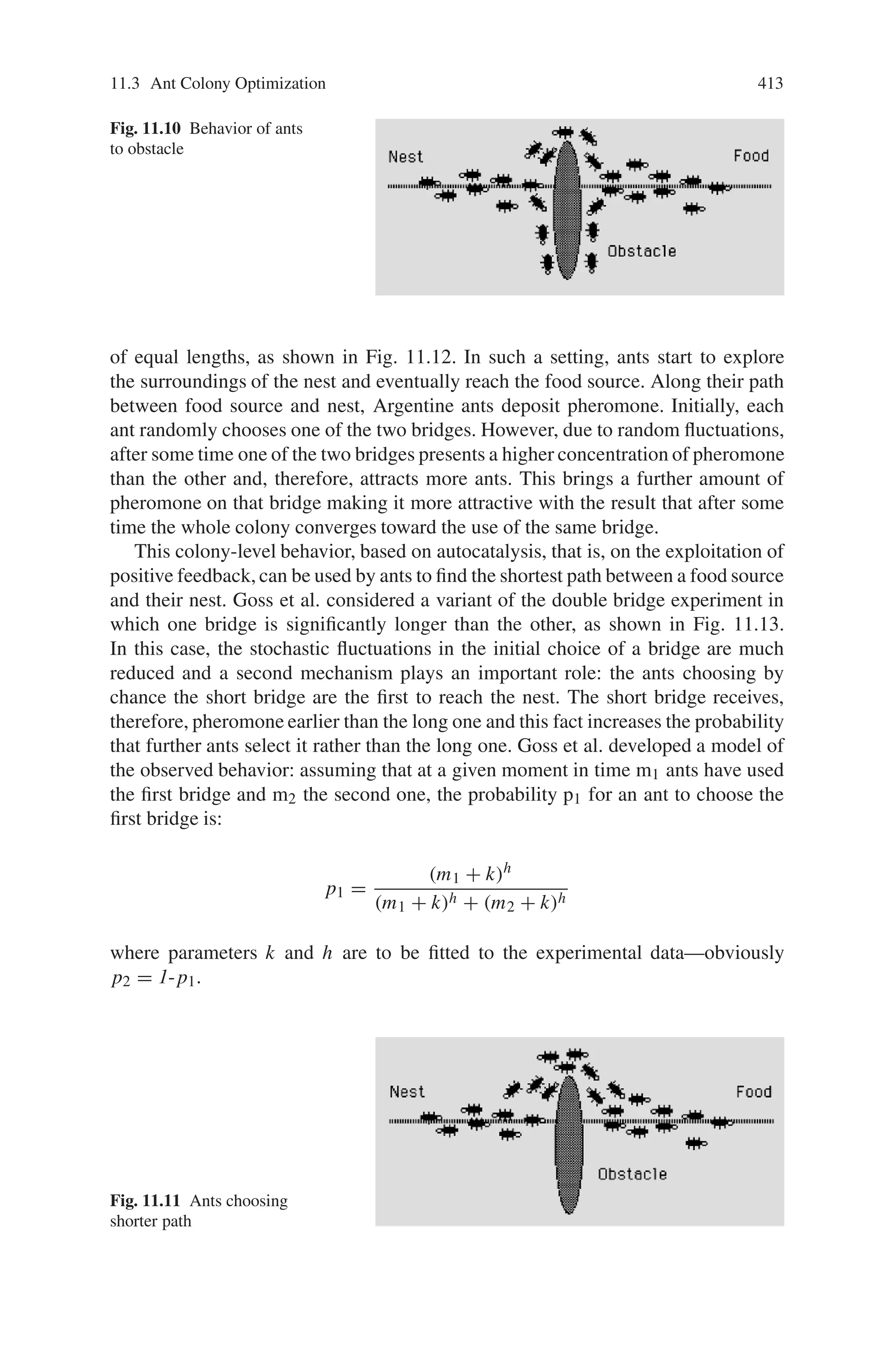 11.3 Ant Colony Optimization 411
He observed that the effects of these reactions can act as new significant stimuli for
both the insect that produced them and for the other insects in the colony. Grass
used the term stigmergy to describe this particular type of communication in which
the “workers are stimulated by the performance they have achieved”.
The two main characteristics of stigmergy that differentiate it from other forms
of communication are the following.
• Stigmergy is an indirect, non-symbolic form of communication mediated by the
environment: insects exchange information by modifying their environment; and
• Stigmergic information is local: it can only be accessed by those insects that visit
the locus in which it was released (or its immediate neighborhood).
Stigmergy is an indirect and asynchronous form of communication in which the
insects manipulate the environment to transport information to the other insects,
which then respond to the change. The insects therefore do not have to be at the
same place at the same time as the others to communicate with them. In many ant
species colonies, stigmergy refers to the deposition of pheromone by ants while they
are moving. Other ants can then smell the deposited pheromone and have a natural
tendency to follow the laid trail. This constitutes an asynchronous and indirect com-
munication scheme, where one ant communicates with other ants wherever they are,
and it is how positive feedback is created. A little pheromone on a path might lead
other ants to follow the same path, depositing even more pheromone, which can
lead to a positive feedback effect, if the selected path is good (leading to food) thus
recruiting even more ants to follow the path.
The main elements of a biological stigmergic system are shown in Fig. 11.7:
• The insect as the acting individual.
• The pheromone as an information carrier, used to create a dissipation field.
• The environment as a display and distribution mechanism for information.
Examples of stigmergy can be observed in colonies of ants. In many ant species,
ants walking to and from a food source deposit on the ground a substance called
pheromone. Other ants perceive the presence of pheromone and tend to follow paths
where pheromone concentration is higher. Through this mechanism, ants are able to
transport food to their nest in a remarkably effective way. The basic behavior of the
ants is discussed as follows:
Real ants are capable of finding shortest path from a food source to the nest
without using visual cues. Also, they are capable of adapting to changes in the en-
vironment, for example finding a new shortest path once the old one is no longer
Fig. 11.7 Elements of a
stigmeric system
 