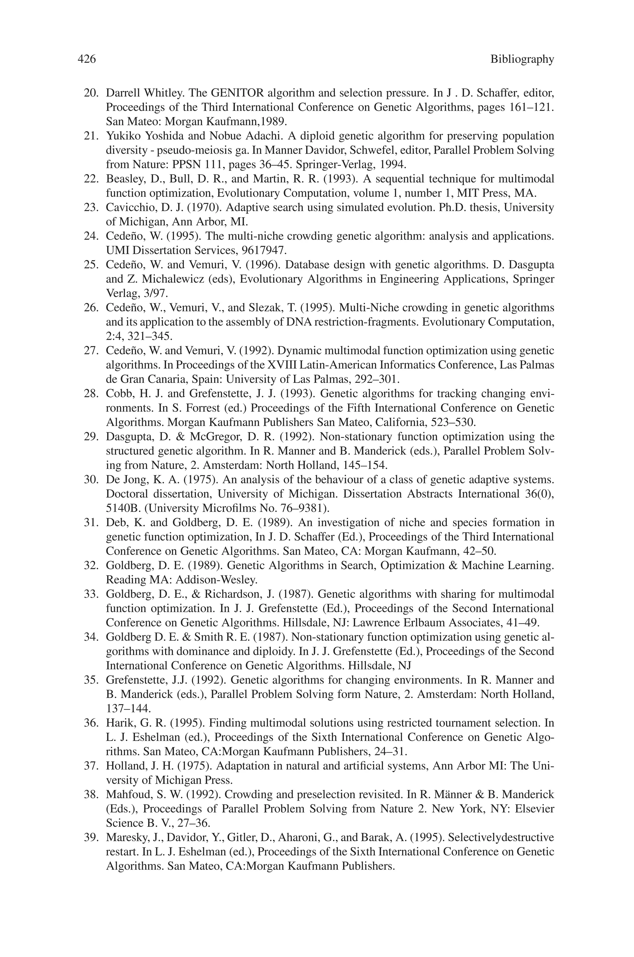 424 11 Introduction to Particle Swarm Optimization and Ant Colony Optimization
11.4 Summary
In this chapter, the basic concepts of Particle Swarm Optimization and Ant Colony
Optimization are discussed. PSO and ACO algorithms operate on the social be-
havior of the living organisms. PSO system combines local search methods with
global search methods, attempting to balance exploration and exploitation. Thus,
PSO is an extremely simple algorithm that seems to be effective for optimizing a
wide range of functions. Also, PSO is attractive is that there are only few parameters
to adjust. Particle swarm optimization has been used for approaches that can be used
across a wide range of applications, as well as for specific applications focused on
a specific requirement. Ant Colony Optimization has been and continues to be a
fruitful paradigm for designing effective combinatorial optimization solution algo-
rithms. After more than ten years of studies, both its application effectiveness and
its theoretical groundings have been demonstrated, making ACO one of the most
successful paradigms in the metaheuristic area.
Review Questions
1. Give the history of the development of swarm intelligence.
2. Define: particles and ants.
3. How are social behaviors of living organisms helpful in developing optimization
techniques?
4. Explain in detail on the operation of Particle Swarm Optimization.
5. Mention the advantages and applications of Particle Swarm optimization.
6. Discuss the behavior of real ants and compare it with artificial ants.
7. List the various types of ant colony optimization algorithms.
8. With a neat flowchart, explain the algorithm of Ant Colony Optimization
9. State the various applications of ACO.
10. Compare and Contrast—Genetic Algorithm, Particle Swarm Optimization and
Ant Colony Optimization.
Exercise Problems
1. Write a MATLAB program to implement particle swarm optimization and ant
colony optimization for traveling salesman problem.
2. Implement a vehicle routing problem using the concept of particle swarm
optimization.
3. Write a computer program to perform ant colony optimization for a Graph
Coloring Problem.
4. Ant colony optimization algorithm is best suited for protein-folding problems—
Justify
5. Develop a C program for performing image segmentation using particle swarm
optimization.
 