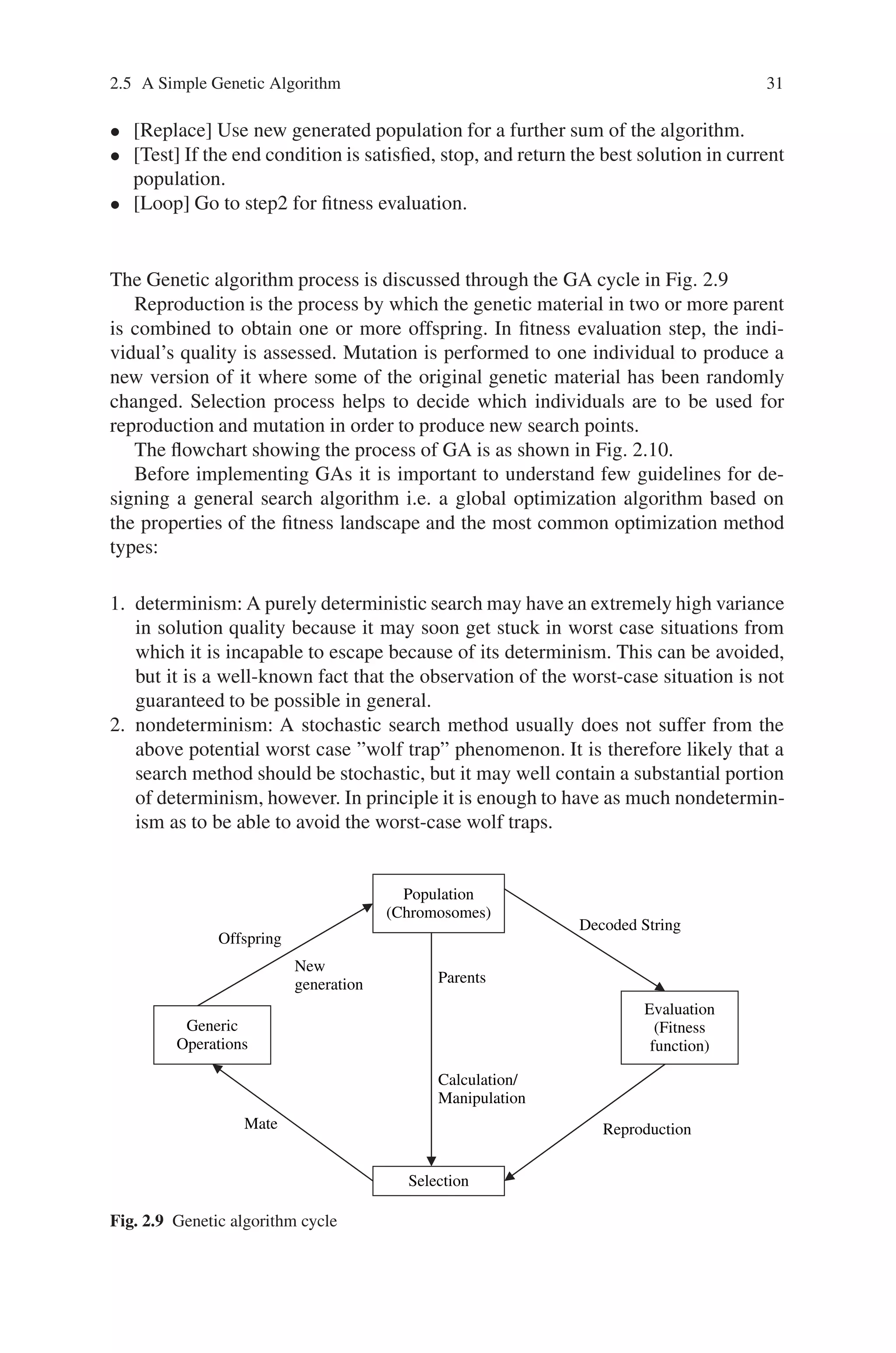 2.5 A Simple Genetic Algorithm 31
• [Replace] Use new generated population for a further sum of the algorithm.
• [Test] If the end condition is satisfied, stop, and return the best solution in current
population.
• [Loop] Go to step2 for fitness evaluation.
The Genetic algorithm process is discussed through the GA cycle in Fig. 2.9
Reproduction is the process by which the genetic material in two or more parent
is combined to obtain one or more offspring. In fitness evaluation step, the indi-
vidual’s quality is assessed. Mutation is performed to one individual to produce a
new version of it where some of the original genetic material has been randomly
changed. Selection process helps to decide which individuals are to be used for
reproduction and mutation in order to produce new search points.
The flowchart showing the process of GA is as shown in Fig. 2.10.
Before implementing GAs it is important to understand few guidelines for de-
signing a general search algorithm i.e. a global optimization algorithm based on
the properties of the fitness landscape and the most common optimization method
types:
1. determinism: A purely deterministic search may have an extremely high variance
in solution quality because it may soon get stuck in worst case situations from
which it is incapable to escape because of its determinism. This can be avoided,
but it is a well-known fact that the observation of the worst-case situation is not
guaranteed to be possible in general.
2. nondeterminism: A stochastic search method usually does not suffer from the
above potential worst case ”wolf trap” phenomenon. It is therefore likely that a
search method should be stochastic, but it may well contain a substantial portion
of determinism, however. In principle it is enough to have as much nondetermin-
ism as to be able to avoid the worst-case wolf traps.
Calculation/
Manipulation
Parents
Decoded String
Reproduction
Mate
Offspring
New
generation
Population
(Chromosomes)
Selection
Evaluation
(Fitness
function)
Generic
Operations
Fig. 2.9 Genetic algorithm cycle
 