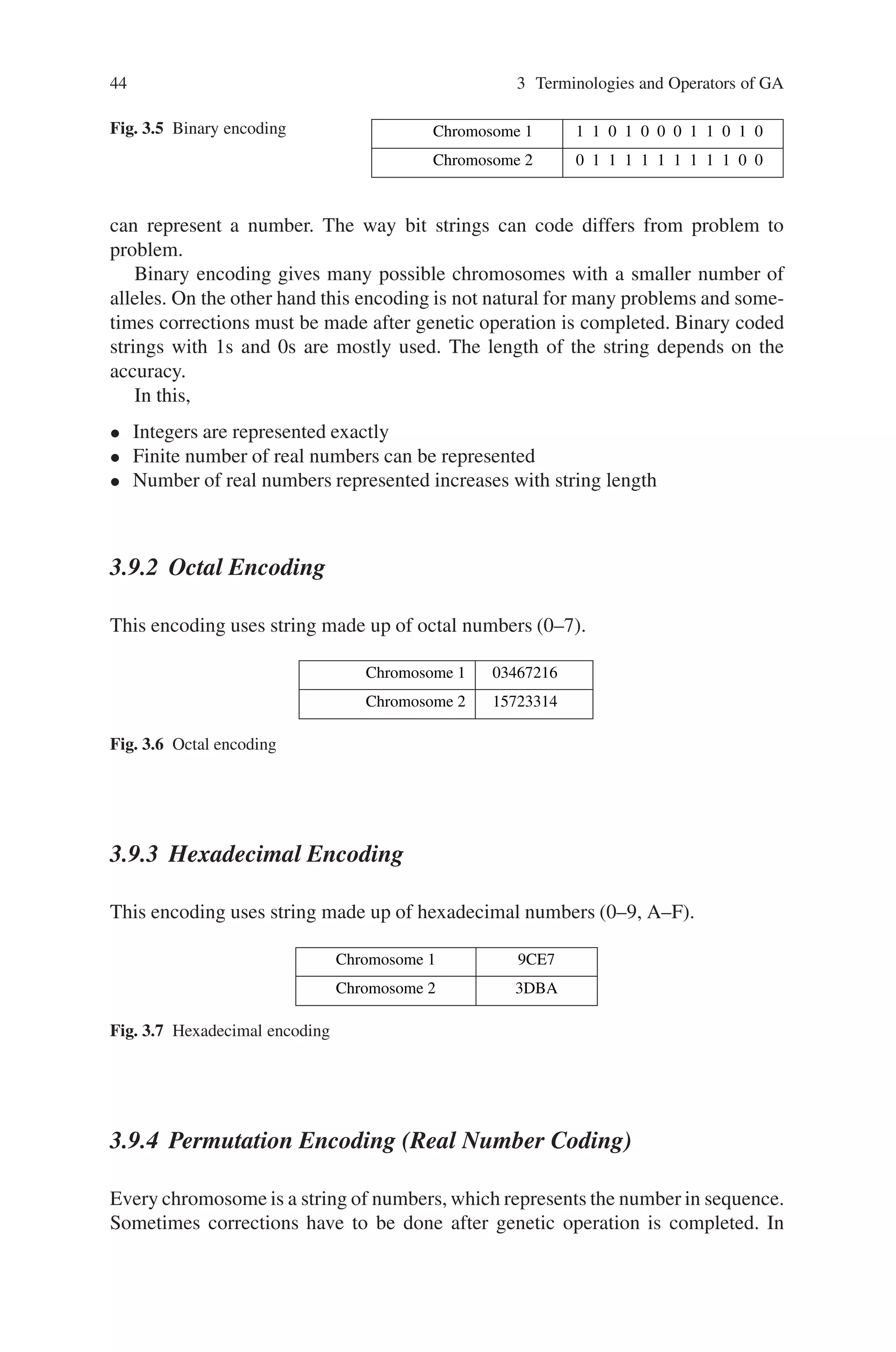 44 3 Terminologies and Operators of GA
Fig. 3.5 Binary encoding Chromosome 1 1 1 0 1 0 0 0 1 1 0 1 0
Chromosome 2 0 1 1 1 1 1 1 1 1 1 0 0
can represent a number. The way bit strings can code differs from problem to
problem.
Binary encoding gives many possible chromosomes with a smaller number of
alleles. On the other hand this encoding is not natural for many problems and some-
times corrections must be made after genetic operation is completed. Binary coded
strings with 1s and 0s are mostly used. The length of the string depends on the
accuracy.
In this,
• Integers are represented exactly
• Finite number of real numbers can be represented
• Number of real numbers represented increases with string length
3.9.2 Octal Encoding
This encoding uses string made up of octal numbers (0–7).
Chromosome 1 03467216
Chromosome 2 15723314
Fig. 3.6 Octal encoding
3.9.3 Hexadecimal Encoding
This encoding uses string made up of hexadecimal numbers (0–9, A–F).
Chromosome 1 9CE7
Chromosome 2 3DBA
Fig. 3.7 Hexadecimal encoding
3.9.4 Permutation Encoding (Real Number Coding)
Every chromosome is a string of numbers, which represents the number in sequence.
Sometimes corrections have to be done after genetic operation is completed. In
 