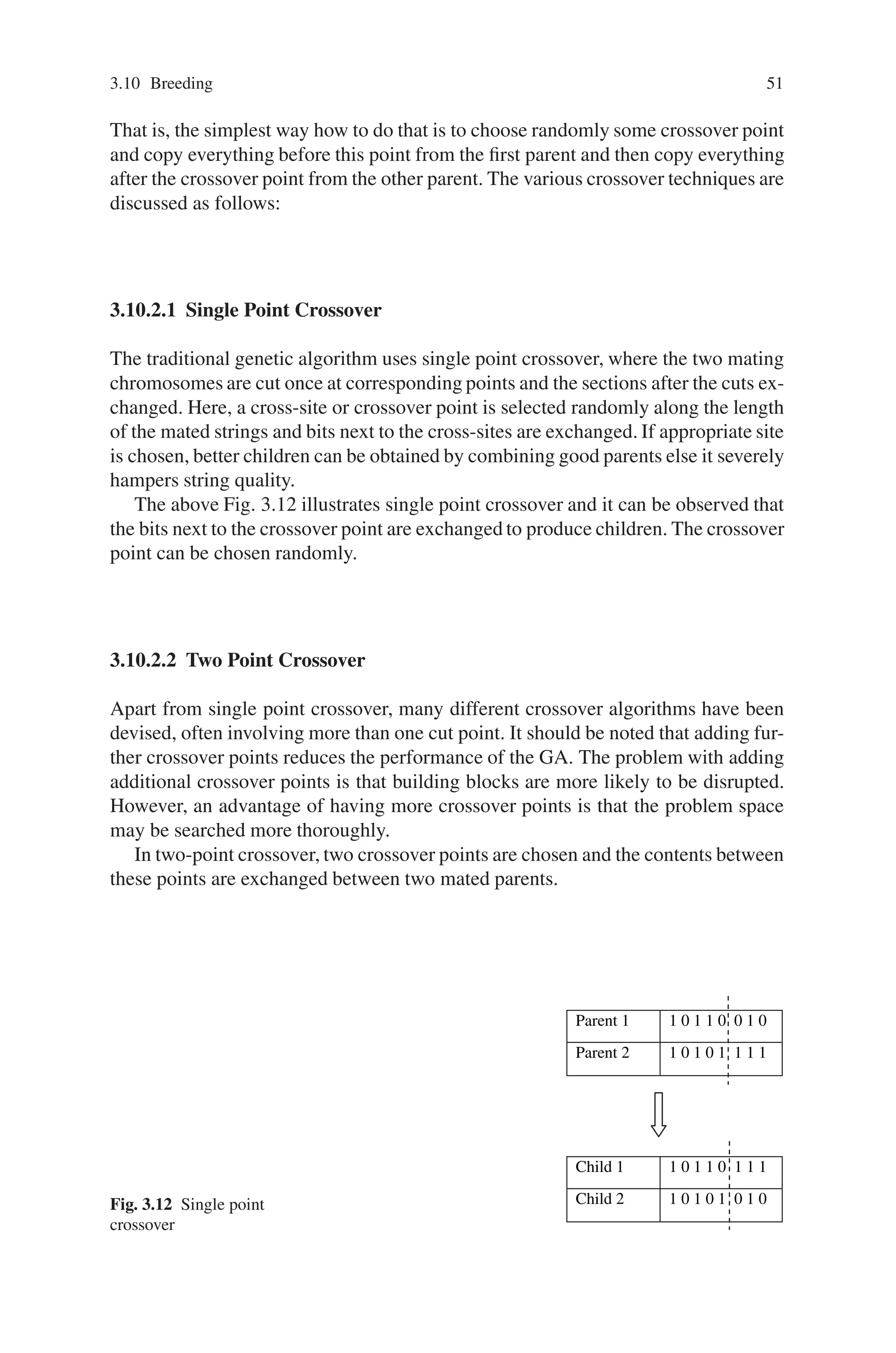 3.10 Breeding 51
That is, the simplest way how to do that is to choose randomly some crossover point
and copy everything before this point from the first parent and then copy everything
after the crossover point from the other parent. The various crossover techniques are
discussed as follows:
3.10.2.1 Single Point Crossover
The traditional genetic algorithm uses single point crossover, where the two mating
chromosomes are cut once at corresponding points and the sections after the cuts ex-
changed. Here, a cross-site or crossover point is selected randomly along the length
of the mated strings and bits next to the cross-sites are exchanged. If appropriate site
is chosen, better children can be obtained by combining good parents else it severely
hampers string quality.
The above Fig. 3.12 illustrates single point crossover and it can be observed that
the bits next to the crossover point are exchanged to produce children. The crossover
point can be chosen randomly.
3.10.2.2 Two Point Crossover
Apart from single point crossover, many different crossover algorithms have been
devised, often involving more than one cut point. It should be noted that adding fur-
ther crossover points reduces the performance of the GA. The problem with adding
additional crossover points is that building blocks are more likely to be disrupted.
However, an advantage of having more crossover points is that the problem space
may be searched more thoroughly.
In two-point crossover, two crossover points are chosen and the contents between
these points are exchanged between two mated parents.
Fig. 3.12 Single point
crossover
Parent 1 1 0 1 1 0 0 1 0
Parent 2 1 0 1 0 1 1 1 1
Child 1 1 0 1 1 0 1 1 1
Child 2 1 0 1 0 1 0 1 0
 