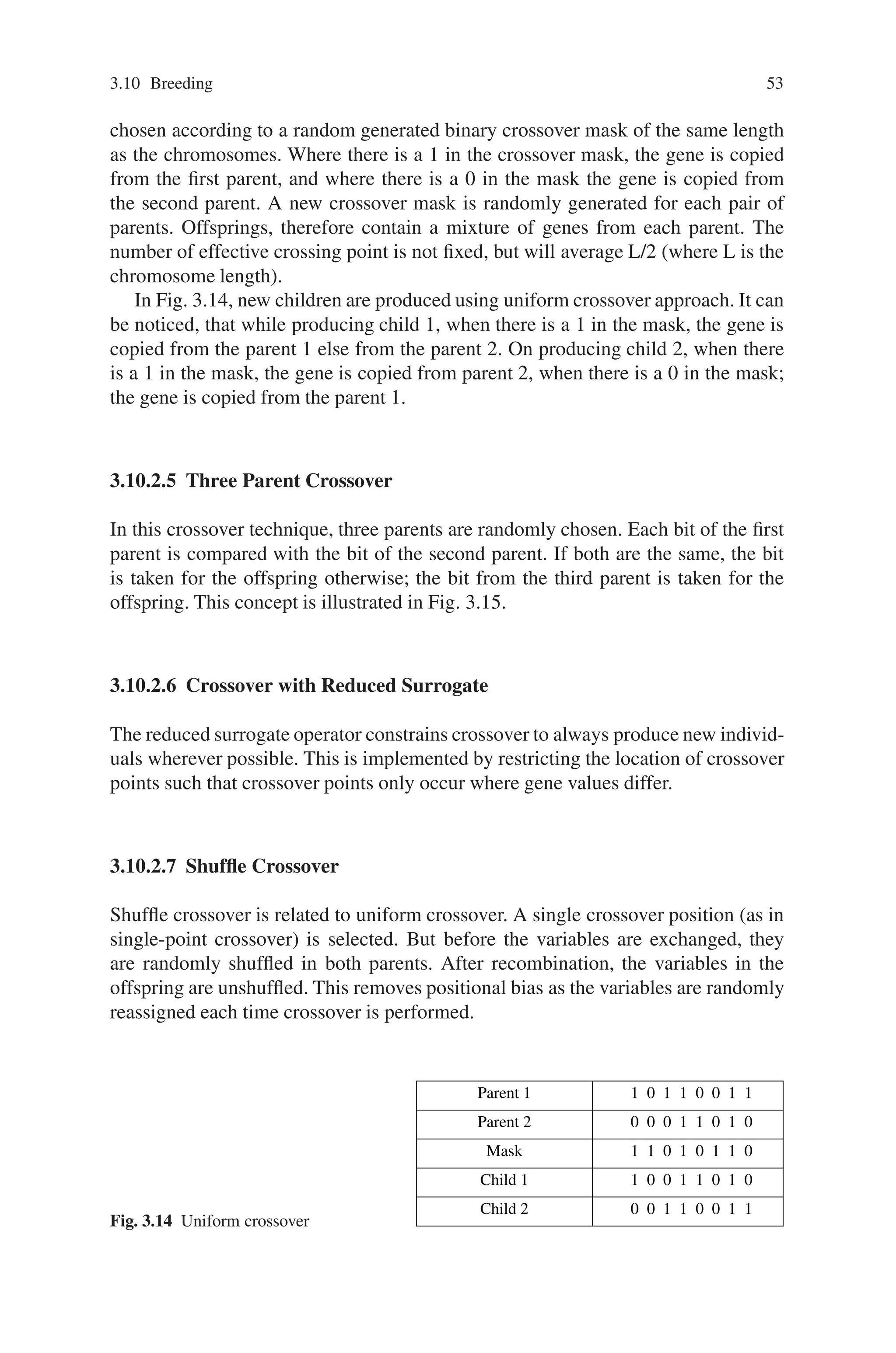 3.10 Breeding 53
chosen according to a random generated binary crossover mask of the same length
as the chromosomes. Where there is a 1 in the crossover mask, the gene is copied
from the first parent, and where there is a 0 in the mask the gene is copied from
the second parent. A new crossover mask is randomly generated for each pair of
parents. Offsprings, therefore contain a mixture of genes from each parent. The
number of effective crossing point is not fixed, but will average L/2 (where L is the
chromosome length).
In Fig. 3.14, new children are produced using uniform crossover approach. It can
be noticed, that while producing child 1, when there is a 1 in the mask, the gene is
copied from the parent 1 else from the parent 2. On producing child 2, when there
is a 1 in the mask, the gene is copied from parent 2, when there is a 0 in the mask;
the gene is copied from the parent 1.
3.10.2.5 Three Parent Crossover
In this crossover technique, three parents are randomly chosen. Each bit of the first
parent is compared with the bit of the second parent. If both are the same, the bit
is taken for the offspring otherwise; the bit from the third parent is taken for the
offspring. This concept is illustrated in Fig. 3.15.
3.10.2.6 Crossover with Reduced Surrogate
The reduced surrogate operator constrains crossover to always produce new individ-
uals wherever possible. This is implemented by restricting the location of crossover
points such that crossover points only occur where gene values differ.
3.10.2.7 Shuffle Crossover
Shuffle crossover is related to uniform crossover. A single crossover position (as in
single-point crossover) is selected. But before the variables are exchanged, they
are randomly shuffled in both parents. After recombination, the variables in the
offspring are unshuffled. This removes positional bias as the variables are randomly
reassigned each time crossover is performed.
Fig. 3.14 Uniform crossover
Parent 1 1 0 1 1 0 0 1 1
Parent 2 0 0 0 1 1 0 1 0
Mask 1 1 0 1 0 1 1 0
Child 1 1 0 0 1 1 0 1 0
Child 2 0 0 1 1 0 0 1 1
 