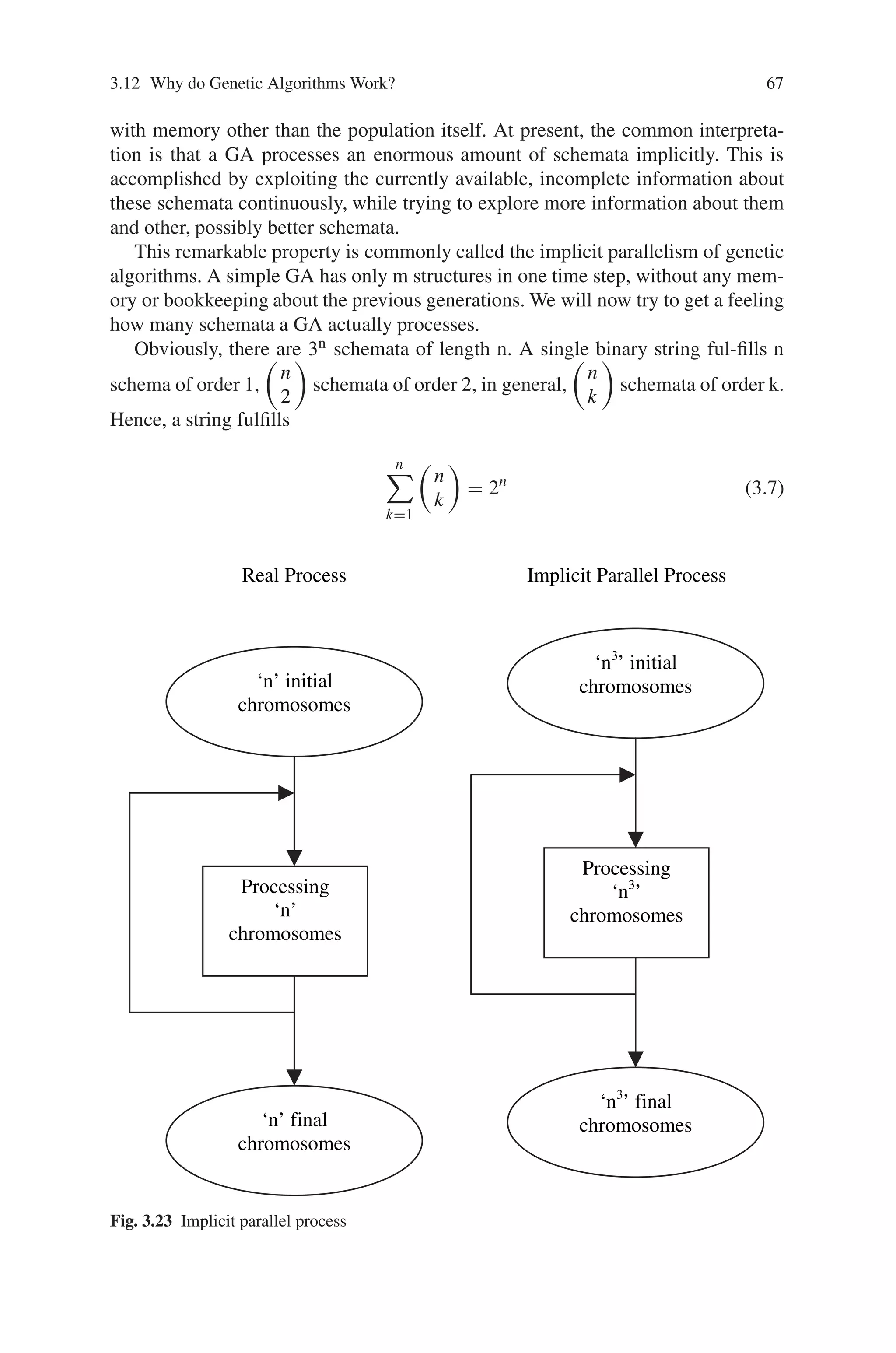 3.12 Why do Genetic Algorithms Work? 67
with memory other than the population itself. At present, the common interpreta-
tion is that a GA processes an enormous amount of schemata implicitly. This is
accomplished by exploiting the currently available, incomplete information about
these schemata continuously, while trying to explore more information about them
and other, possibly better schemata.
This remarkable property is commonly called the implicit parallelism of genetic
algorithms. A simple GA has only m structures in one time step, without any mem-
ory or bookkeeping about the previous generations. We will now try to get a feeling
how many schemata a GA actually processes.
Obviously, there are 3n schemata of length n. A single binary string ful-fills n
schema of order 1,

n
2

schemata of order 2, in general,

n
k

schemata of order k.
Hence, a string fulfills
n

k=1

n
k

= 2n
(3.7)
‘n’ initial
chromosomes
Processing
‘n’
chromosomes
‘n’ final
chromosomes
Real Process
‘n3
’ initial
chromosomes
Processing
‘n3
’
chromosomes
‘n3
’ final
chromosomes
Implicit Parallel Process
Fig. 3.23 Implicit parallel process
 