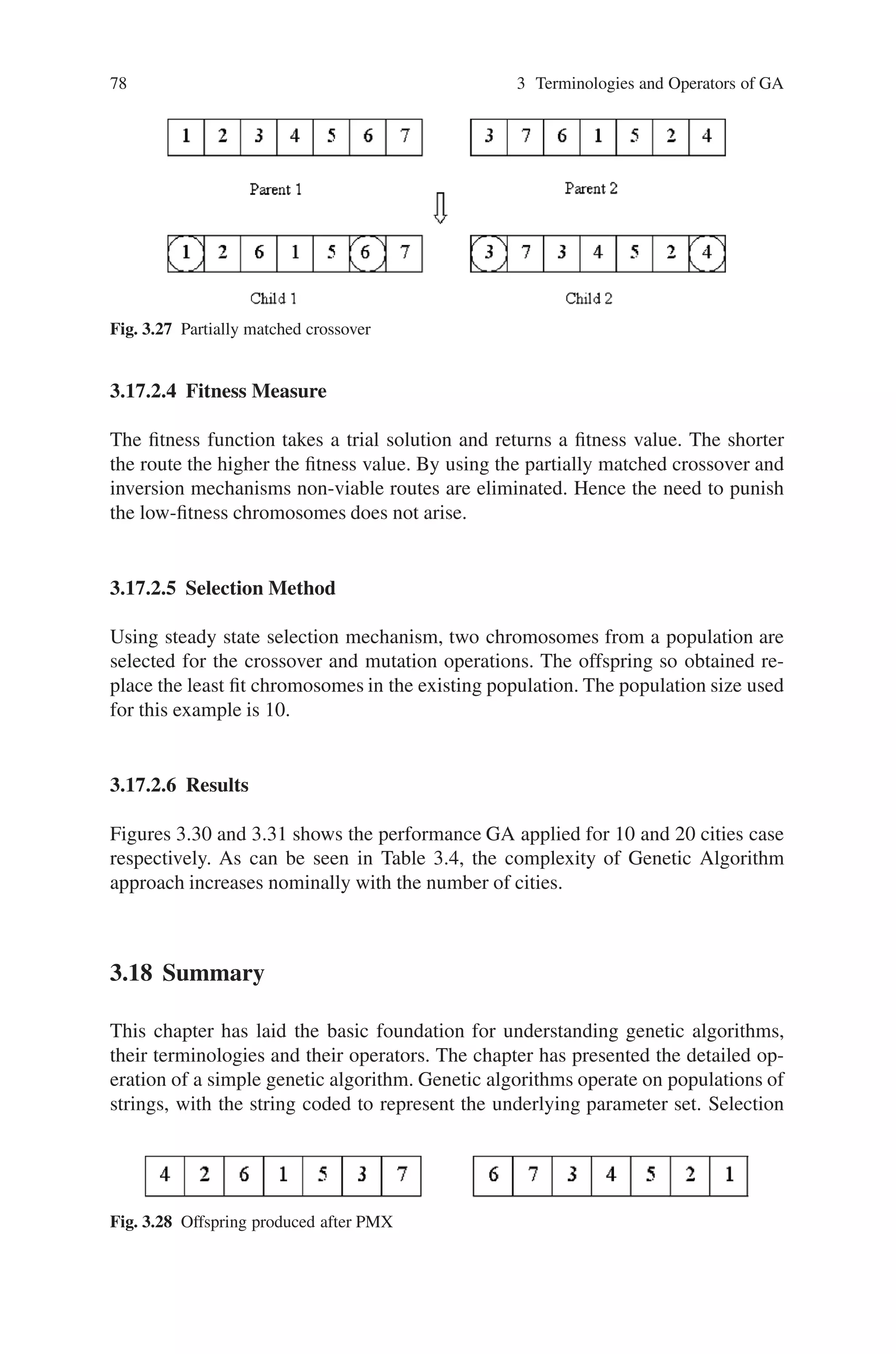 78 3 Terminologies and Operators of GA
Fig. 3.27 Partially matched crossover
3.17.2.4 Fitness Measure
The fitness function takes a trial solution and returns a fitness value. The shorter
the route the higher the fitness value. By using the partially matched crossover and
inversion mechanisms non-viable routes are eliminated. Hence the need to punish
the low-fitness chromosomes does not arise.
3.17.2.5 Selection Method
Using steady state selection mechanism, two chromosomes from a population are
selected for the crossover and mutation operations. The offspring so obtained re-
place the least fit chromosomes in the existing population. The population size used
for this example is 10.
3.17.2.6 Results
Figures 3.30 and 3.31 shows the performance GA applied for 10 and 20 cities case
respectively. As can be seen in Table 3.4, the complexity of Genetic Algorithm
approach increases nominally with the number of cities.
3.18 Summary
This chapter has laid the basic foundation for understanding genetic algorithms,
their terminologies and their operators. The chapter has presented the detailed op-
eration of a simple genetic algorithm. Genetic algorithms operate on populations of
strings, with the string coded to represent the underlying parameter set. Selection
Fig. 3.28 Offspring produced after PMX
 