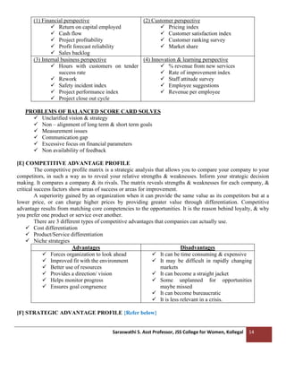 Saraswathi S. Asst Professor, JSS College for Women, Kollegal 14
(1) Financial perspective
✓ Return on capital employed
✓ Cash flow
✓ Project profitability
✓ Profit forecast reliability
✓ Sales backlog
(2) Customer perspective
✓ Pricing index
✓ Customer satisfaction index
✓ Customer ranking survey
✓ Market share
(3) Internal business perspective
✓ Hours with customers on tender
success rate
✓ Rework
✓ Safety incident index
✓ Project performance index
✓ Project close out cycle
(4) Innovation & learning perspective
✓ % revenue from new services
✓ Rate of improvement index
✓ Staff attitude survey
✓ Employee suggestions
✓ Revenue per employee
PROBLEMS OF BALANCED SCORE CARD SOLVES
✓ Unclarified vision & strategy
✓ Non – alignment of long term & short term goals
✓ Measurement issues
✓ Communication gap
✓ Excessive focus on financial parameters
✓ Non availability of feedback
[E] COMPETITIVE ADVANTAGE PROFILE
The competitive profile matrix is a strategic analysis that allows you to compare your company to your
competitors, in such a way as to reveal your relative strengths & weaknesses. Inform your strategic decision
making. It compares a company & its rivals. The matrix reveals strengths & weaknesses for each company, &
critical success factors show areas of success or areas for improvement.
A superiority gained by an organization when it can provide the same value as its competitors but at a
lower price, or can charge higher prices by providing greater value through differentiation. Competitive
advantage results from matching core competencies to the opportunities. It is the reason behind loyalty, & why
you prefer one product or service over another.
There are 3 different types of competitive advantages that companies can actually use.
✓ Cost differentiation
✓ Product/Service differentiation
✓ Niche strategies
Advantages Disadvantages
✓ Forces organization to look ahead
✓ Improved fit with the environment
✓ Better use of resources
✓ Provides a direction/ vision
✓ Helps monitor progress
✓ Ensures goal congruence
✓ It can be time consuming & expensive
✓ It may be difficult in rapidly changing
markets
✓ It can become a straight jacket
✓ Some unplanned for opportunities
maybe missed
✓ It can become bureaucratic
✓ It is less relevant in a crisis.
[F] STRATEGIC ADVANTAGE PROFILE {Refer below}
 