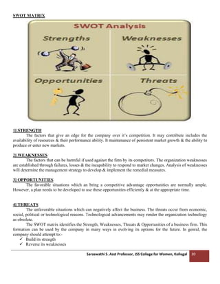 Saraswathi S. Asst Professor, JSS College for Women, Kollegal 30
SWOT MATRIX
1] STRENGTH
The factors that give an edge for the company over it’s competition. It may contribute includes the
availability of resources & their performance ability. It maintenance of persistent market growth & the ability to
produce or enter new markets.
2] WEAKNESSES
The factors that can be harmful if used against the firm by its competitors. The organization weaknesses
are established through failures, losses & the incapability to respond to market changes. Analysis of weaknesses
will determine the management strategy to develop & implement the remedial measures.
3] OPPORTUNITIES
The favorable situations which an bring a competitive advantage opportunities are normally ample.
However, a plan needs to be developed to use these opportunities efficiently & at the appropriate time.
4] THREATS
The unfavorable situations which can negatively affect the business. The threats occur from economic,
social, political or technological reasons. Technological advancements may render the organization technology
as obsolete.
The SWOT matrix identifies the Strength, Weaknesses, Threats & Opportunities of a business firm. This
formation can be used by the company in many ways in evolving its options for the future. In genral, the
company should attempt to:-
✓ Build its strength
✓ Reverse its weaknesses
 