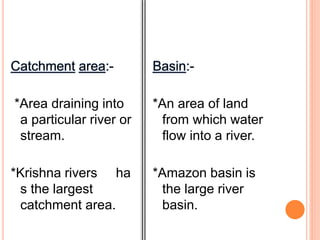 Catchment area:-
*Area draining into
a particular river or
stream.
*Krishna rivers ha
s the largest
catchment area.
Basin:-
*An area of land
from which water
flow into a river.
*Amazon basin is
the large river
basin.
 