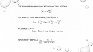 DESCRIBIMOS EL COMPORTAMIENTO DINÁMICO DEL SISTEMA:
SUPONEMOS CONDICIONES INICIALES IGUALES A 0:
APLICAMOS LAPLACE:
AGRUPANDO Y DESPEJANDO:
 