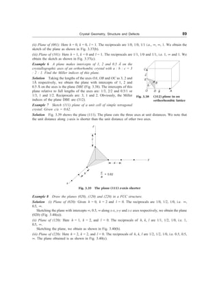 Crystal Geometry, Structure and Defects 89
(ii) Plane of (001): Here h = 0, k = 0, l = 1. The reciprocals are 1/0, 1/0, 1/1 i.e., ¥, ¥, 1. We obtain the
sketch of the plane as shown in Fig. 3.37(b).
(iii) Plane of (101): Here h = 1, k = 0 and l = 1. The reciprocals are 1/1, 1/0 and 1/1, i.e. 1, ¥ and 1. We
obtain the sketch as shown in Fig. 3.37(c).
Example 6 A plane makes intercepts of 1, 2 and 0.5 Å on the
crystallographic axes of an orthorhombic crystal with a : b : c = 3
: 2 : 1. Find the Miller indices of this plane.
Solution Taking the lengths of the axes OA, OB and OC as 3, 2 and
1Å respectively, we obtain the plane with intercepts of 1, 2 and
0.5 Å on the axes is the plane DBE (Fig. 3.38). The intercepts of this
plane relative to full lengths of the axes are: 1/3, 2/2 and 0.5/1 or
1/3, 1 and 1/2. Reciprocals are: 3, 1 and 2. Obviously, the Miller
indices of the plane DBE are (312).
Example 7 Sketch (111) plane of a unit cell of simple tetragonal
crystal. Given c/a = 0.62.
Solution Fig. 3.39 shows the plane (111). The plane cuts the three axes at unit distances. We note that
the unit distance along z-axis is shorter than the unit distance of other two axes.
Fig. 3.38 (312) plane in an
orthorhombic lattice
C
E
O
®
b
B
D ®
a
®
c
A
x
c
c
a
= 0.62
y
a
a
Fig. 3.39 The plane (111) z-axis shorter
Example 8 Draw the planes (020), (120) and (220) in a FCC structure.
Solution (i) Plane of (020): Given h = 0, k = 2 and l = 0. The reciprocals are 1/0, 1/2, 1/0, i.e. ¥,
0.5, ¥.
Sketching the plane with intercepts ¥, 0.5, ¥ along x-x, y-y and z-z axes respectively, we obtain the plane
(020) (Fig. 3.40(a)).
(ii) Plane of (120): Here h = 1, k = 2, and l = 0. The reciprocals of h, k, l are 1/1, 1/2, 1/0, i.e. 1,
0.5, ¥.
Sketching the plane, we obtain as shown in Fig. 3.40(b).
(iii) Plane of (220): Here h = 2, k = 2, and l = 0. The reciprocals of h, k, l are 1/2, 1/2, 1/0, i.e. 0.5, 0.5,
¥. The plane obtained is as shown in Fig. 3.40(c).
z
 