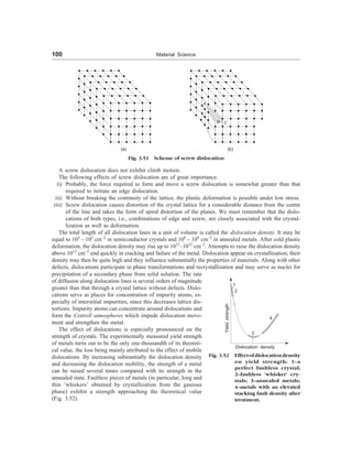 100 Material Science
A
B C
(a) (b)
Fig. 3.51 Scheme of screw dislocation
A screw dislocation does not exhibit climb motion.
The following effects of screw dislocation are of great importance.
(i) Probably, the force required to form and move a screw dislocation is somewhat greater than that
required to initiate an edge dislocation.
(ii) Without breaking the continuity of the lattice, the plastic deformation is possible under low stress.
(iii) Screw dislocation causes distortion of the crystal lattice for a considerable distance from the centre
of the line and takes the form of spiral distortion of the planes. We must remember that the dislo-
cations of both types, i.e., combinations of edge and screw, are closely associated with the crystal-
lization as well as deformation.
The total length of all dislocation lines in a unit of volume is called the dislocation density. It may be
equal to 104
– 105
cm–2
in semiconductor crystals and 106
– 108
cm–2
in annealed metals. After cold plastic
deformation, the dislocation density may rise up to 1011
–1012
cm–2
. Attempts to raise the dislocation density
above 1012
cm–2
end quickly in cracking and failure of the metal. Dislocation appear on crystallization; their
density may then be quite high and they influence substantially the properties of materials. Along with other
defects, dislocations participate in phase transformations and recrystallization and may serve as nuclei for
precipitation of a secondary phase from solid solution. The rate
of diffusion along dislocation lines is several orders of magnitude
greater than that through a crystal lattice without defects. Dislo-
cations serve as places for concentration of impurity atoms, es-
pecially of interstitial impurities, since this decreases lattice dis-
tortions. Impurity atoms can concentrate around dislocations and
form the Cottrell atmospheres which impede dislocation move-
ment and strengthen the metal.
The effect of dislocations is especially pronounced on the
strength of crystals. The experimentally measured yield strength
of metals turns out to be the only one-thousandth of its theoreti-
cal value, the loss being mainly attributed to the effect of mobile
dislocations. By increasing substantially the dislocation density
and decreasing the dislocation mobility, the strength of a metal
can be raised several times compared with its strength in the
annealed state. Faultless pieces of metals (in particular, long and
thin ‘whiskers’ obtained by crystallization from the gaseous
phase) exhibit a strength approaching the theoretical value
(Fig. 3.52).
Fig. 3.52 Effectofdislocationdensity
on yield strength: 1–a
perfect faultless crystal;
2–faultless ‘whisker’ cry-
stals; 3–annealed metals;
4–metals with an elevated
stacking fault density after
treatment.
Dislocation density
1
2
3
4
Yield
strength
 