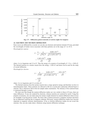 Crystal Geometry, Structure and Defects 121
10,000
Intensity
of
Diffracted
Beam
8,000
6,000
4,000
2,000
0
20 40 60 80 100 120 140 160
200
110
211
310
220
222
321 400
Diffraction angle 2q
Fig. 3.71 Diffraction pattern intensity at various angles for tungsten
32. ELECTRON AND NEUTRON DIFFRACTION
Since waves are diffracted by a crystal, we can also use electrons and neutrons instead of X-rays, provided
the wavelengths of matter waves associates with these particles are in the range of 1 to 10 Å.
Wavelength for neutron
l =
34
27
6.626 10
2 2 1.675 10
n
h h
p m E E
-
-
´
= =
´ ´
=
20
1.145 10 0.286
E E
-
´
=
where l is in Angstroms and E in eV. Thus the energy of a neutron of wavelength of 1 Å is » 0.08 eV.
The thermal neutrons in a atomic reactor have the energy » 0.08 eV and hence can be used for the study
of crystal diffraction.
Wavelength for electron
l =
34 19
31
6.626 10 4.91 10
2 2 9.109 10
h
mE E
E
- -
-
´ ´
= =
´ ´
=
1.227
E
where l is in Angstroms and E is in kilo eV.
The thermal neutrons from the nuclear reactors have a large spread in energy and therefore we have to
monochromatize them. These neutrons are allowed to fall on a crystal and a particular reflected beam is
selected. This is allowed to fall on the test sample under examination. The intensity of the scattered beam
is measured through a counter.
We must note that though the neutron diffraction studies are very similar to those of X-rays, there are
many differences. X-rays are scattered by electrons, whereas neutrons are scattered by nuclei. Using this
property of neutrons, one can study many low atomic weight elements by neutron diffraction where X-rays
are incapable of giving precise results. We know that a neutron possesses a magnetic moment and hence
has an additional scattering due to magnetic ordering. Obviously, neutron diffraction studies have become
important in magnetic structure determinations, X-ray or electron diffraction studies do not reveal this
structure. One can also study lattice vibrations using neutron diffraction technique.
 
