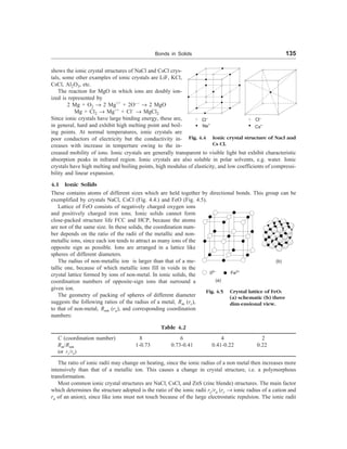 Bonds in Solids 135
shows the ionic crystal structures of NaCl and CsCl crys-
tals, some other examples of ionic crystals are LiF, KCl,
CsCl, Al2O3, etc.
The reaction for MgO in which ions are doubly ion-
ized is represented by
2 Mg + O2 ® 2 Mg++
+ 2O––
® 2 MgO
Mg + Cl2 ® Mg++
+ Cl–
® MgCl2
Since ionic crystals have large binding energy, these are,
in general, hard and exhibit high melting point and boil-
ing points. At normal temperatures, ionic crystals are
poor conductors of electricity but the conductivity in-
creases with increase in temperture owing to the in-
creased mobility of ions. Ionic crystals are generally transparent to visible light but exhibit characteristic
absorption peaks in infrared region. Ionic crystals are also soluble in polar solvents, e.g. water. Ionic
crystals have high melting and boiling points, high modulus of elasticity, and low coefficients of compressi-
bility and linear expansion.
4.1 Ionic Solids
These contains atoms of different sizes which are held together by directional bonds. This group can be
exemplified by crystals NaCl, CsCl (Fig. 4.4.) and FeO (Fig. 4.5).
Lattice of FeO consists of negatively charged oxygen ions
and positively charged iron ions. Ionic solids cannot form
close-packed structure life FCC and HCP, because the atoms
are not of the same size. In these solids, the coordination num-
ber depends on the ratio of the radii of the metallic and non-
metallic ions, since each ion tends to attract as many ions of the
opposite sign as possible. Ions are arranged in a lattice like
spheres of different diameters.
The radius of non-metallic ion is larger than that of a me-
tallic one, because of which metallic ions fill in voids in the
crystal lattice formed by ions of non-metal. In ionic solids, the
coordination numbers of opposite-sign ions that surround a
given ion.
The geometry of packing of spheres of different diameter
suggests the following ratios of the radius of a metal, Rm (rc),
to that of non-metal, Rnm (ra), and corresponding coordination
numbers:
Table 4.2
C (coordination number) 8 6 4 2
Rm/Rnm 1-0.73 0.73-0.41 0.41-0.22 0.22
(or rc/ra)
The ratio of ionic radii may change on heating, since the ionic radius of a non metal then increases more
intensively than that of a metallic ion. This causes a change in crystal structure, i.e. a polymorphous
transformation.
Most common ionic crystal structures are NaCl, CsCl, and ZnS (zinc blende) structures. The main factor
which determines the structure adopted is the ratio of the ionic radii rc/ra (rc ® ionic radius of a cation and
ra of an anion), since like ions must not touch because of the large electrostatic repulsion. The ionic radii
Cl–
Na+
Cl–
Cs+
Fig. 4.4 Ionic crystal structure of Nacl and
Cs Cl.
02–
Fe2+
(a)
(b)
Fig. 4.5 Crystal lattice of FeO:
(a) schematic (b) three
dim-ensional view.
 