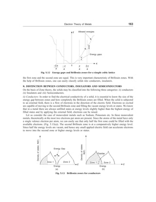 Electron Theory of Metals 163
E Allowed energies
p
-2
a
p
-
a
p
a
p
2
a
Energy gaps
K
0
Fig. 5.12 Energy gaps and Brillouin zones for a simple cubic lattice
the first zone and the second zone are equal. This is very important characteristic of Brillouin zones. With
the help of Brillouin zones, one can easily classify solids into conductors, insulators.
8. DISTINCTION BETWEEN CONDUCTORS, INSULATORS AND SEMICONDUCTORS
On the basis of Zone theory, the solids may be classified into the following three categories: (i) conductors
(ii) Insulators and (iii) Semiconductors.
(i) Conductors: In order to find the electrical conductivity of a solid, it is essential to know the size of the
energy gap between zones and how completely the Brillouin zones are filled. When the solid is subjected
to an external field, there is a flow of electrons in the direction of the electric field. Electrons so excited
are capable of moving to the second Brillouin zone and filling the vacant energy levels or states. We know
that in a metal there are always unfilled states at energy levels slightly higher than the highest energy of
filled states and by applying the external field, electrons can be raised.
Let us consider the case of monovalent metals such as Sodium, Potassium etc. In these monovalent
metals, theoretically at the most two electrons per atom are present. Since the atoms of the metal have only
a single valence electron per atom, we can easily see that only half the first zone could be filled with the
available electrons. (Fig. 5.13(a)). The second Brillouin zone is at a comparatively higher energy level.
Since half the energy levels are vacant, and hence any small applied electric field can accelerate electrons
to move into the second zone or higher energy levels or states.
Density
of
states
N
(
E
)
Energy Gap
Zone 1 Zone 2
E
Density
of
states
N
(
E
)
Energy
(a)
Zone 1 Zone 2
Energy
Overlap
E
(b)
Fig. 5.13 Brillouin zones for conductors
 